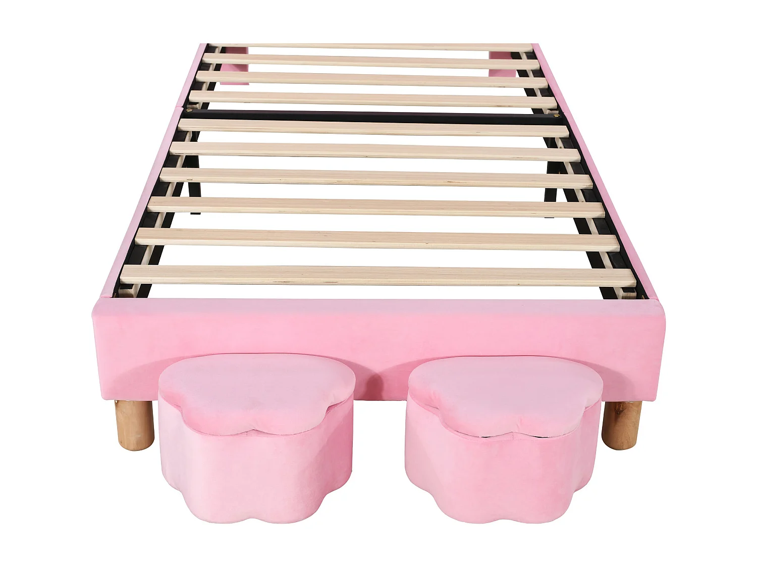 Lit enfant 90x200 cm avec 2 tabourets - tête de lit réglable en hauteur et LED - velours rose (sans matelas)