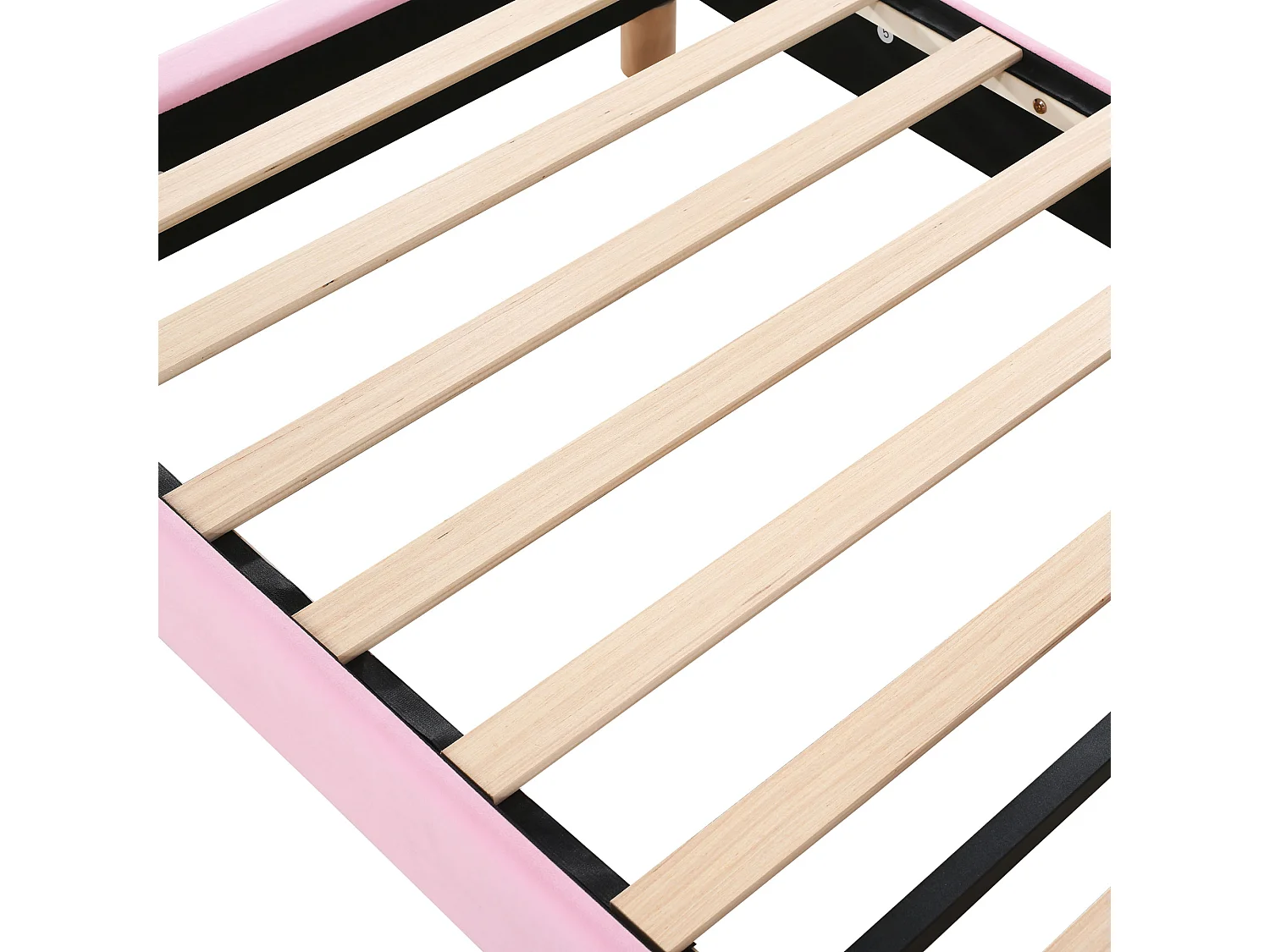 Lit simple 90x200 cm avec 2 bancs de rangement, éclairage LED et oreilles de lapin pliables en velours rose (Sans matelas)