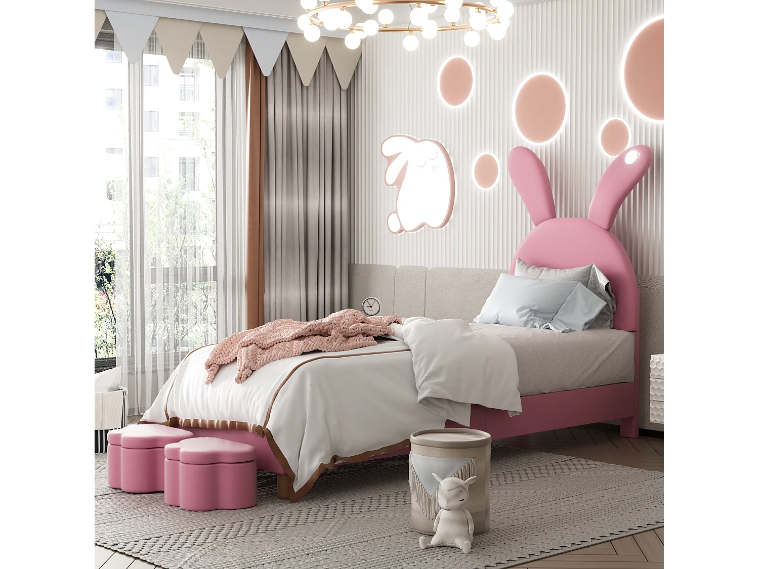 Lit simple 90x200 cm avec 2 bancs de rangement, éclairage LED et oreilles de lapin pliables en velours rose (Sans matelas)