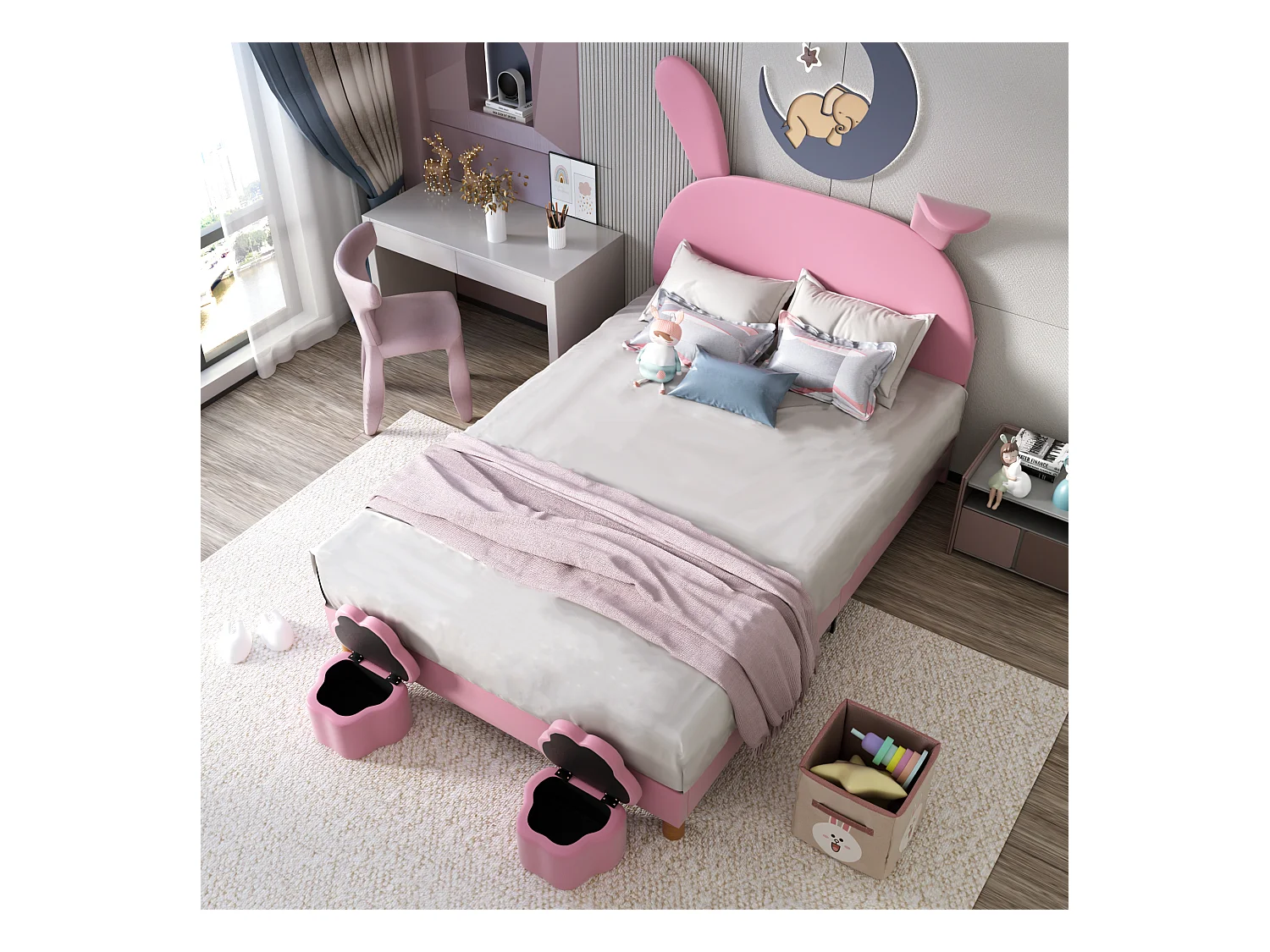 Tweepersoonsbed prinsessenbed 140x200 cm met 2 krukken - in hoogte verstelbaar hoofdeinde en LED - roze fluweel (zonder matras)