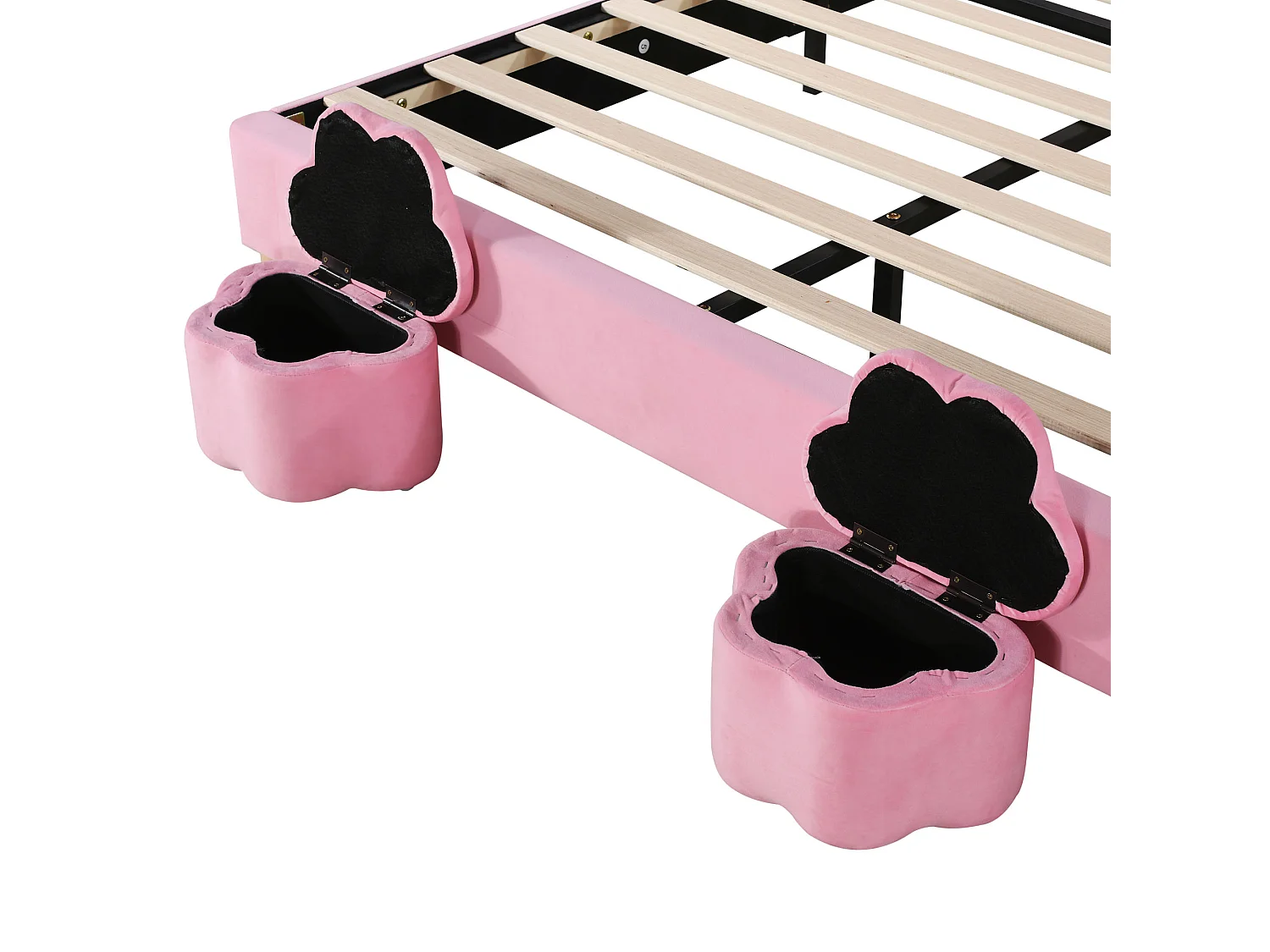 Lit enfant 140x200 cm avec 2 tabourets - tête de lit réglable en hauteur et LED - velours rose (sans matelas)