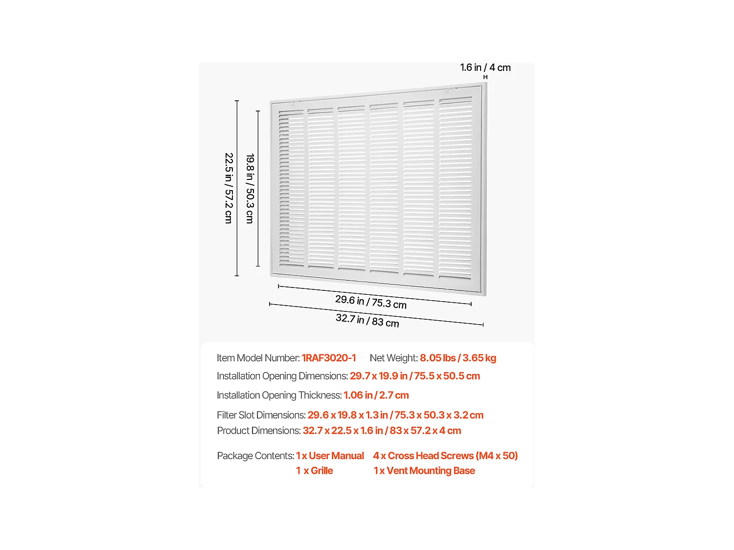 Grille de Ventilation SucceBuy 83x57,2x4 cm, Adaptée à une Ouverture d'Installation de 75,5x50,5 cm, Grille d'Évacuation d'Air pour Montage Mur