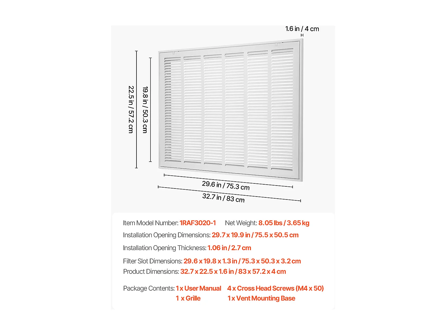 Ventilatierooster SucceBuy 83x57,2x4 cm, Geschikt voor Installatieopening 75,5x50,5 cm, Luchtafvoerrooster voor Muurmontage