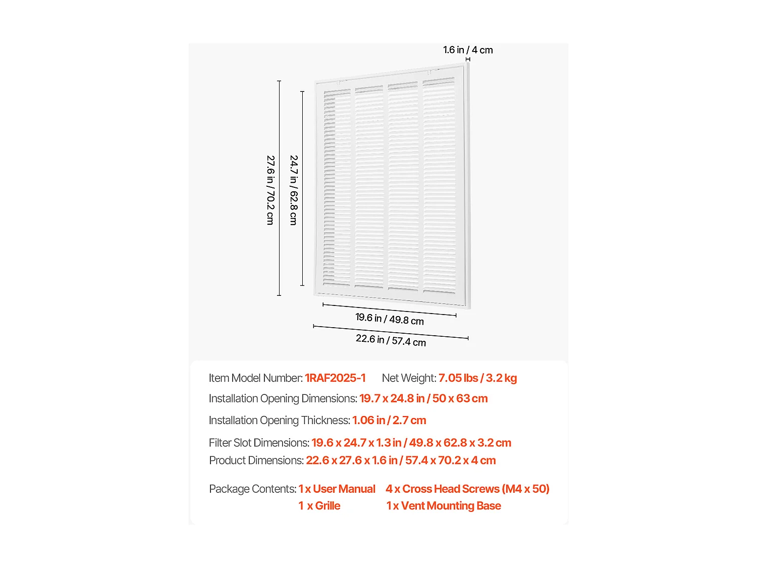 Ventilatierooster SucceBuy voor Installatieopening (50x63 cm), Muurextractierooster Met Lamellen, Gecoat Luchtterugvoerrooster