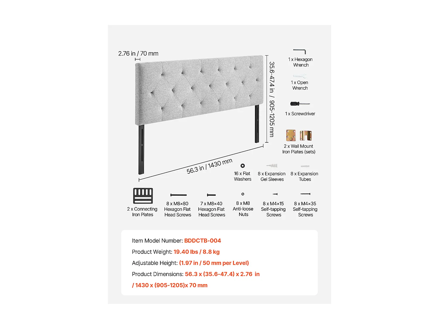 Tête de Lit SucceBuy pour Lit Double, Réglable en Hauteur, Design Capitonné en Losanges, Idéale pour Chambre, Hôtel, Maison d'Hôtes, Dortoir, Coloris Gris Clair