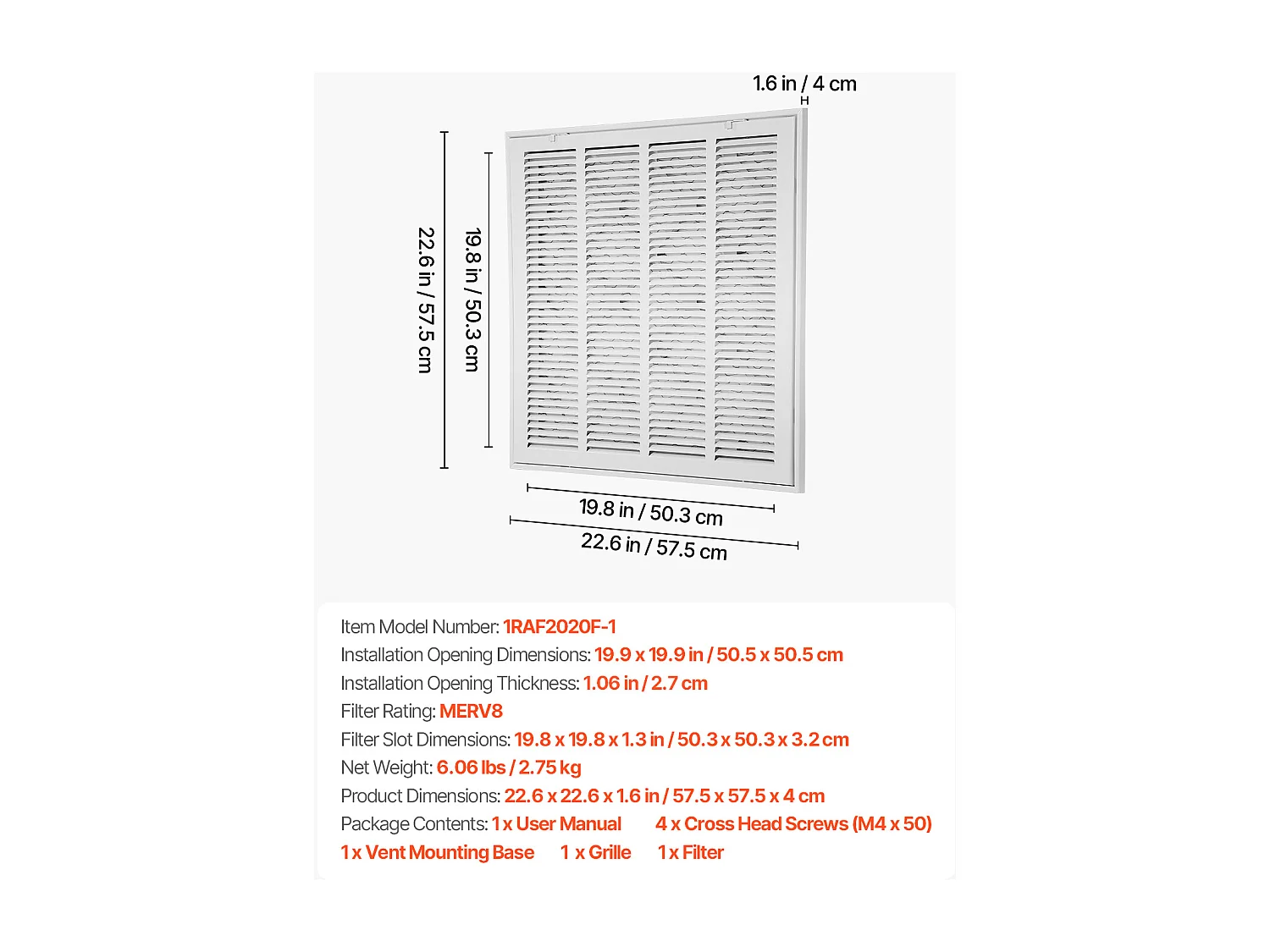 Grille de Filtre SucceBuy à Air pour Ouvertures d'Installation de 50,5 x 50,5 cm (l x h), Avec Filtre, Grille d'Évacuation d'Air pour Montage Mur