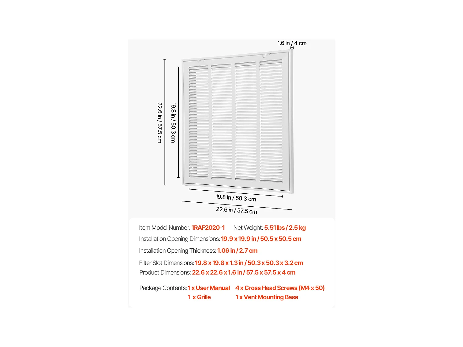 Grade de Retorno de Ar SucceBuy, Compatível com Aberturas de Duto 50.5 x50.5cm, Tampa de Ventilação de Parede Com Quadro de Aço Termo