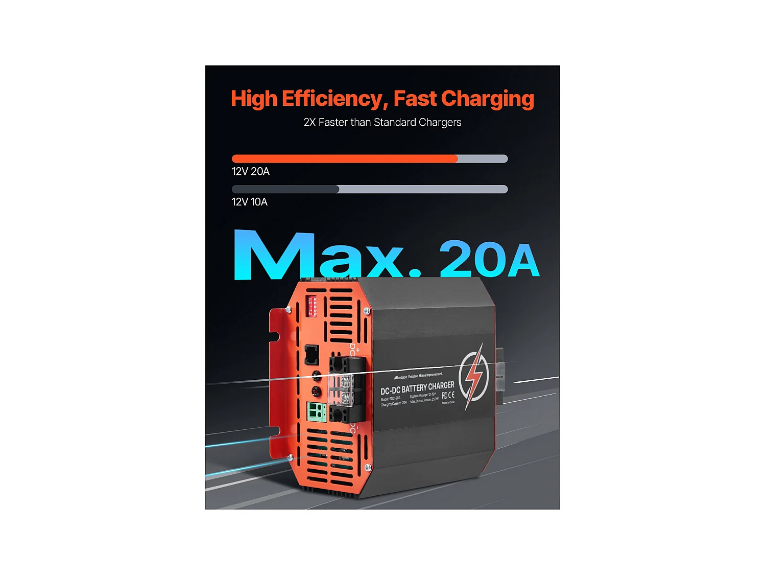 Caricatore SucceBuy 12V 20A DC/DC, 250W, Adatto a Batterie Piombo-Acido, Litio, AGM, GEL e Umide, Sistema di Carica Intelligente Multistadio