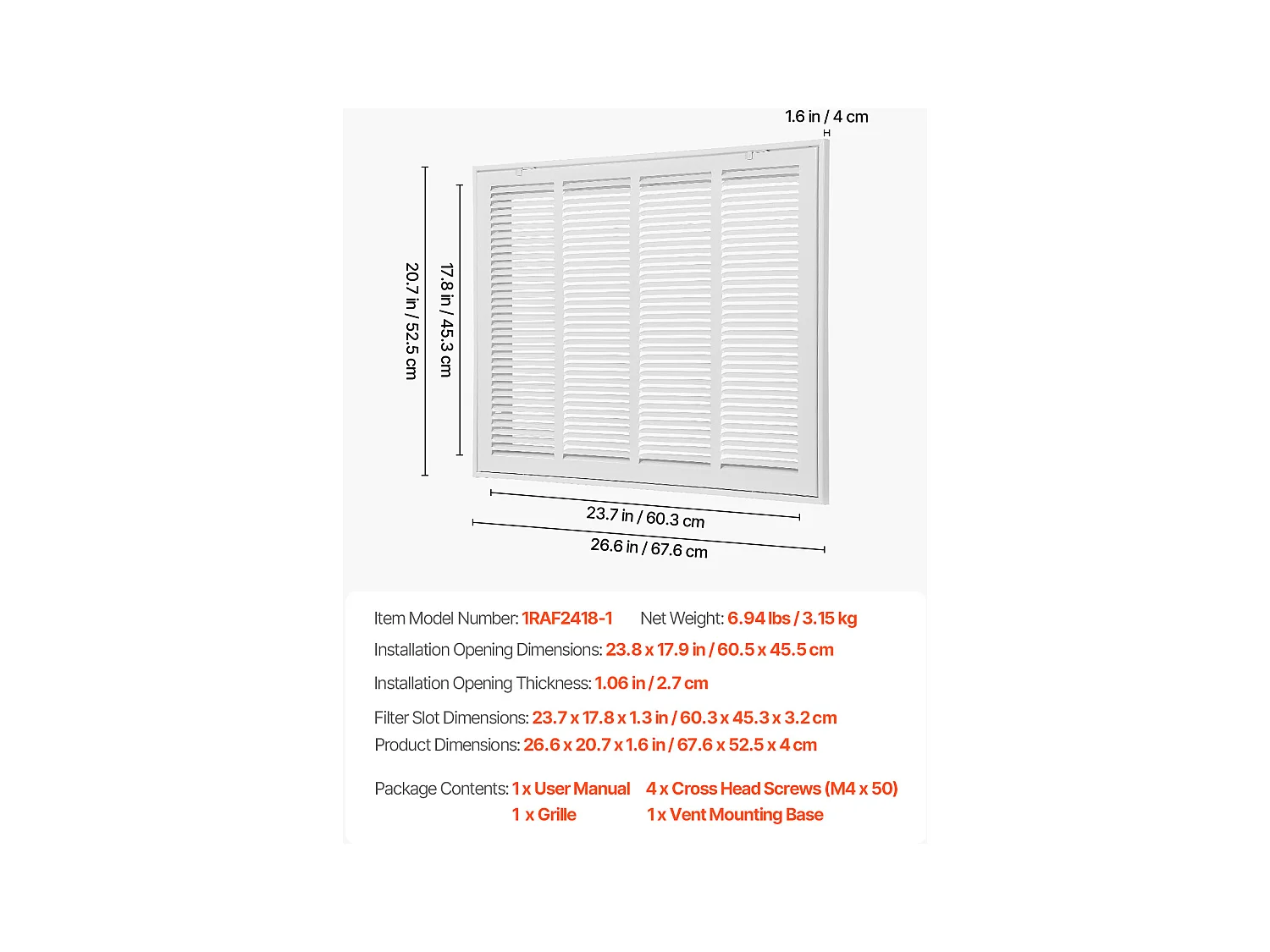 Griglia Filtro SucceBuy di Ritorno Aria per Apertura di Installazione (60,5 x 45,5 cm), Filtro Non Incluso, Griglia di Evacuazione Aria per Montaggio a Parete