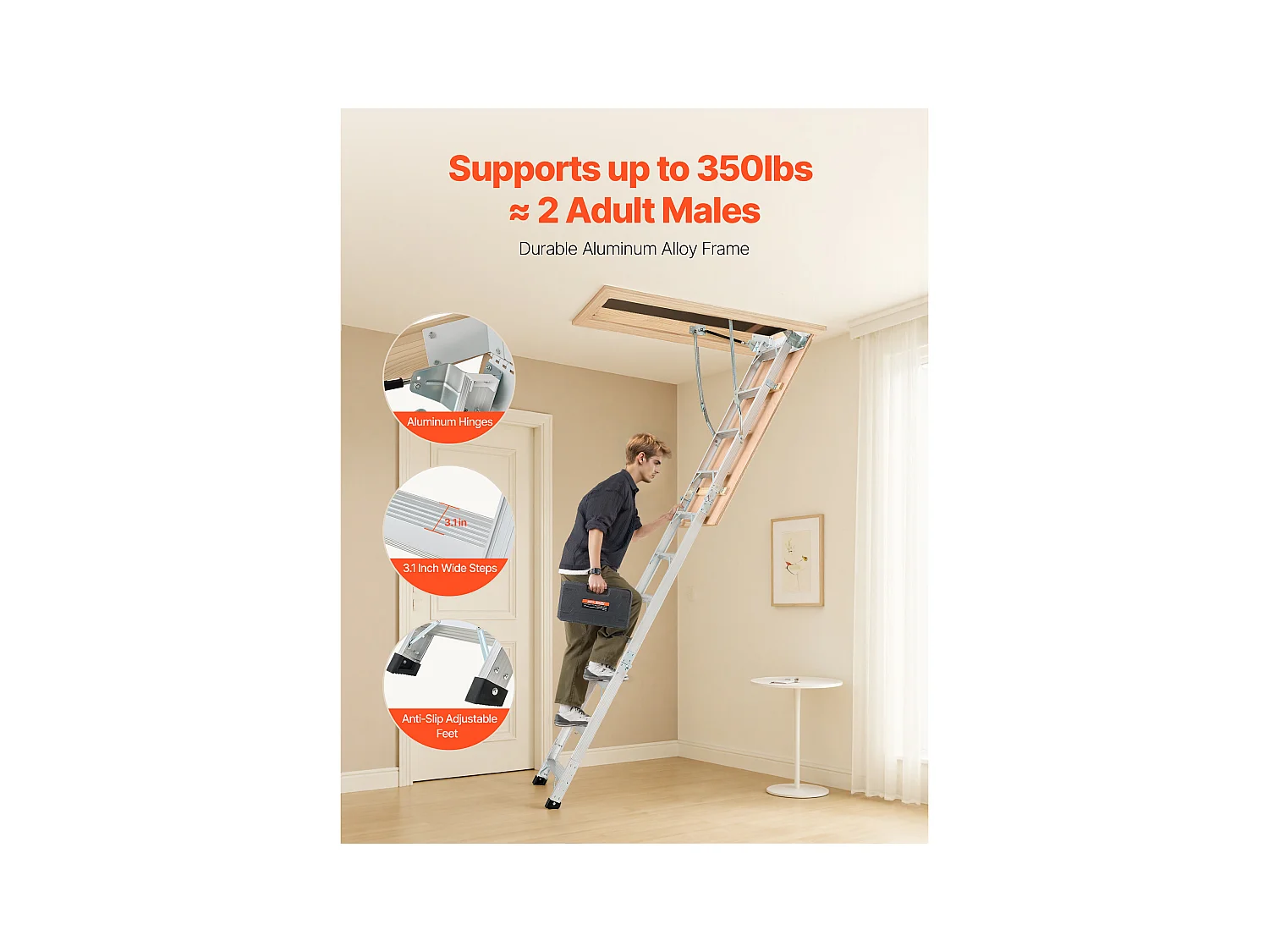 Échelle de Grenier SucceBuy Pliable, Capacité de Charge 170 kg, Adaptée à une Hauteur d'Installation de 3 à 3,13 m, Structure en Aluminium Polyvalente