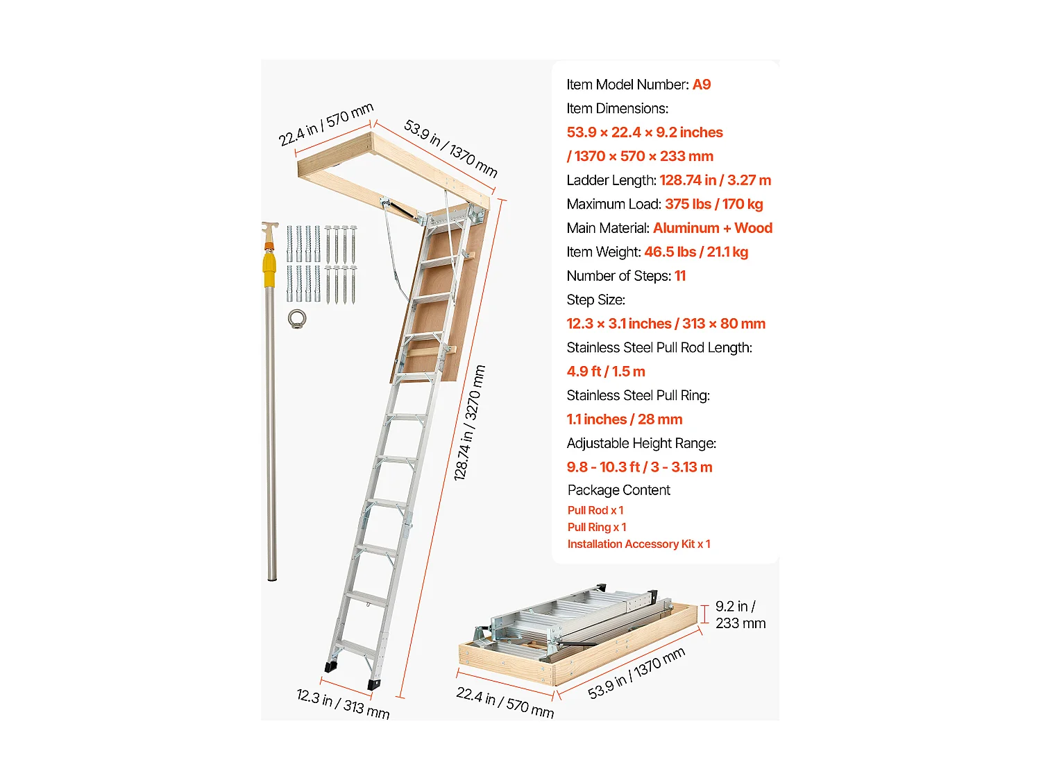 Escalera de Ático SucceBuy Plegable, Capacidad de Carga 170 kg, Adaptada a Altura de Instalación de 3 a 3,13 m, Estructura de Aluminio Versátil