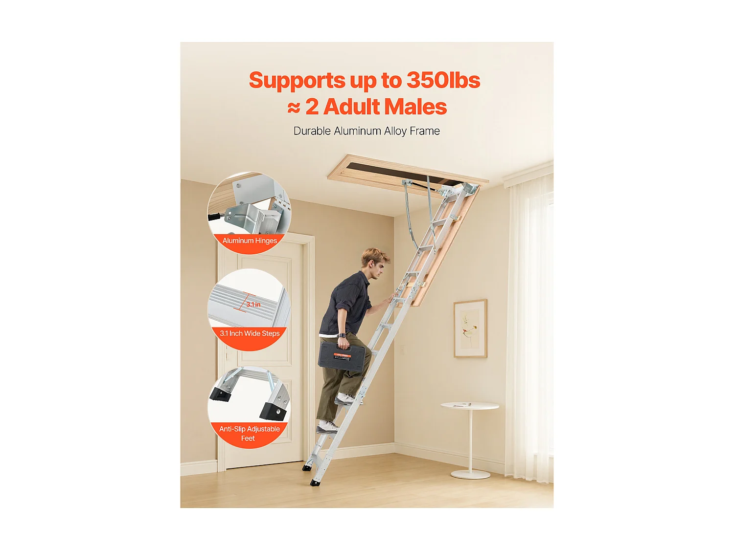 Escalera de Ático SucceBuy Plegable, Capacidad de Carga 170 kg, Adaptada a Altura de Instalación de 3 a 3,13 m, Estructura de Aluminio Versátil