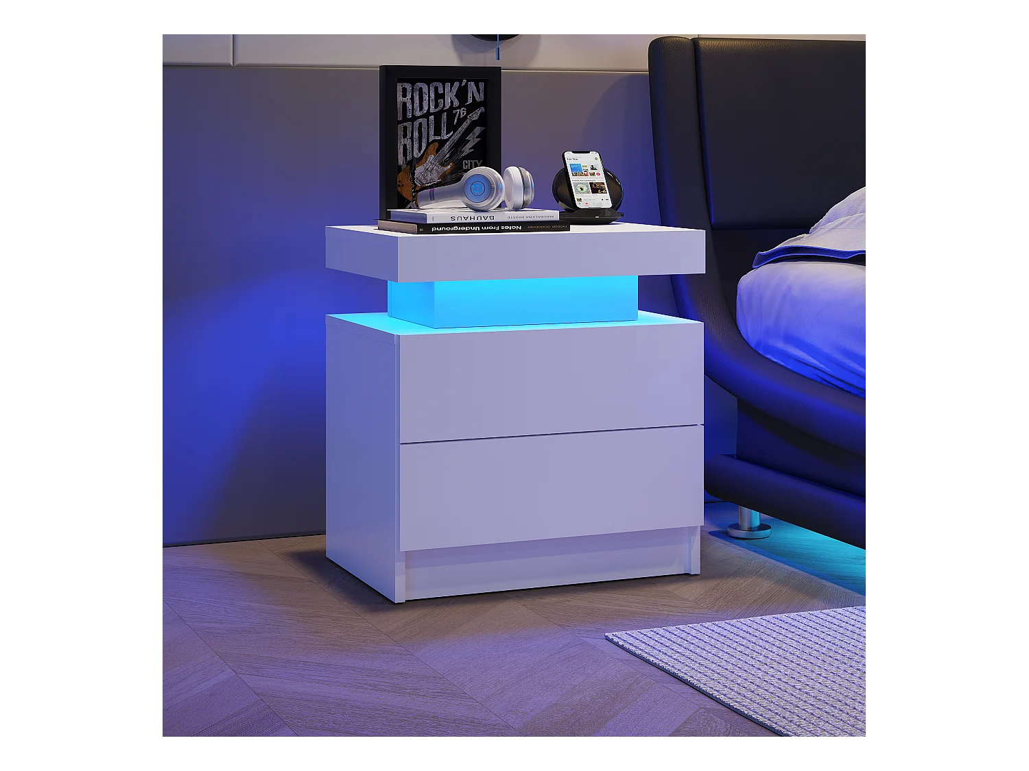 Mesita de noche con LED, 2 cajones, aglomerado, blanco (50x53x36 cm)