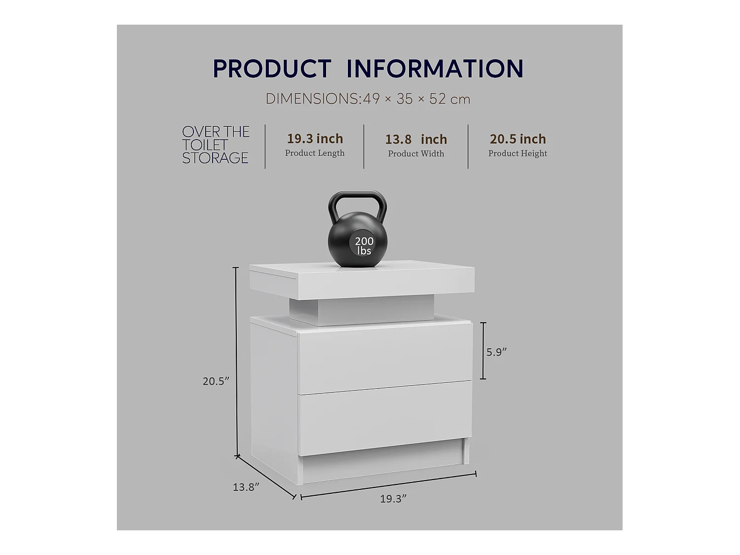 Mesita de noche con LED, 2 cajones, aglomerado, blanco (50x53x36 cm)