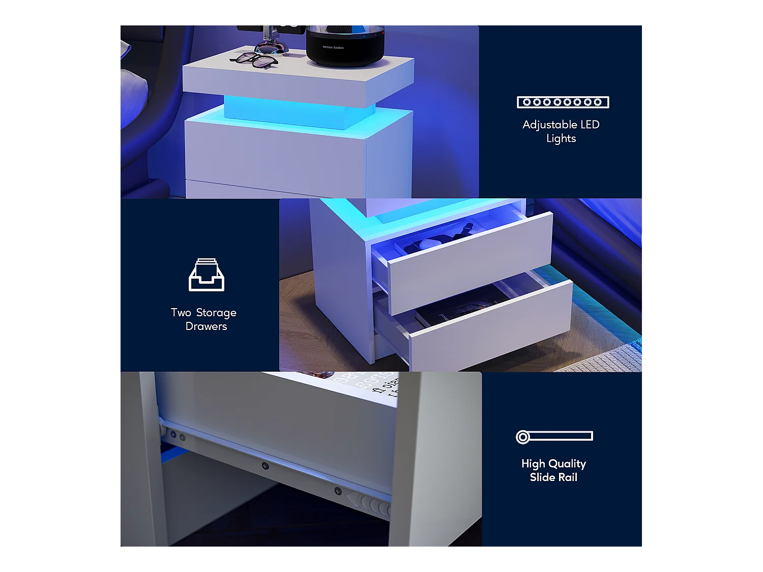 Mesita de noche con LED, 2 cajones, aglomerado, blanco (50x53x36 cm)