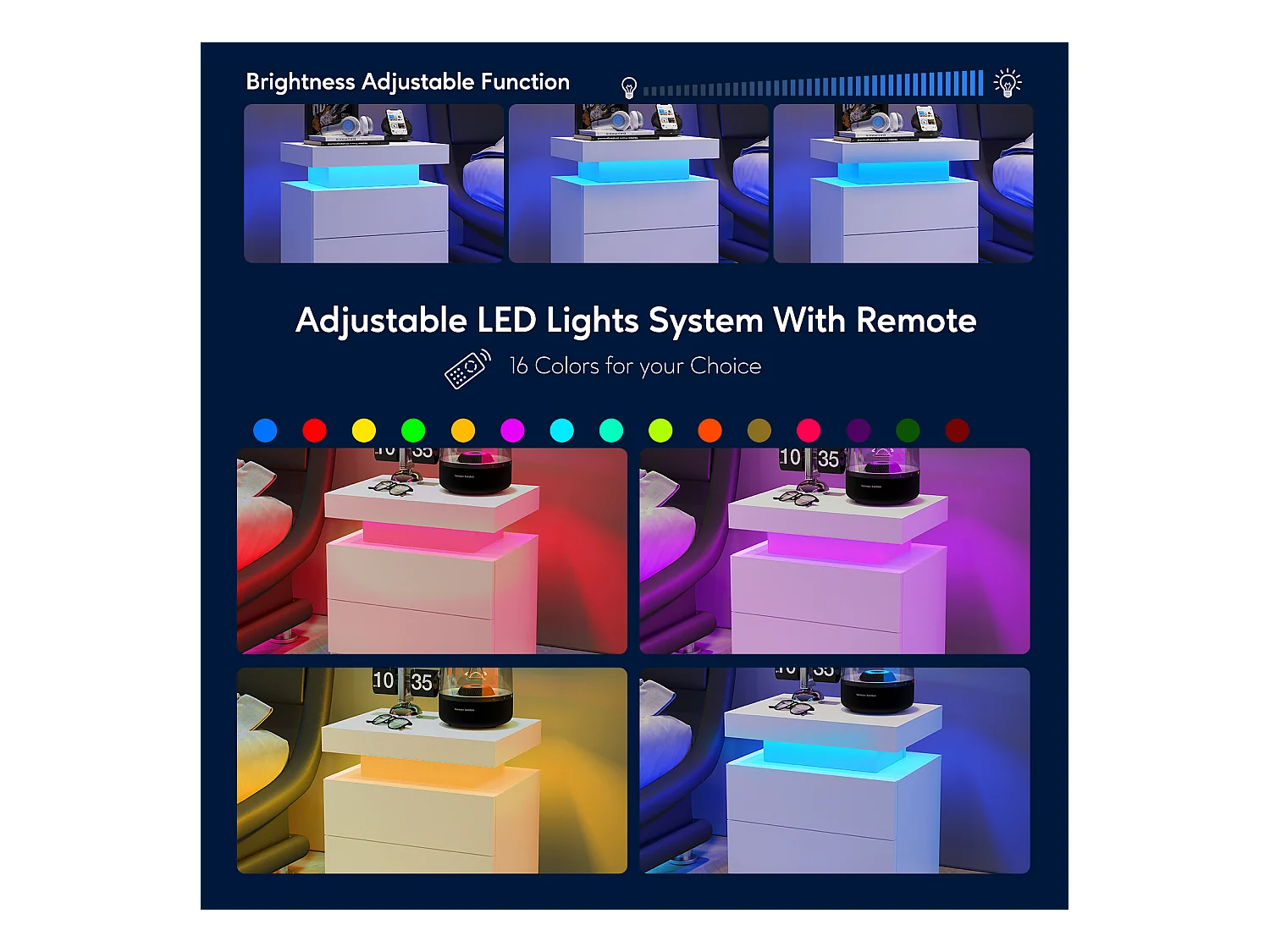 Mesita de noche con LED, 2 cajones, aglomerado, blanco (50x53x36 cm)