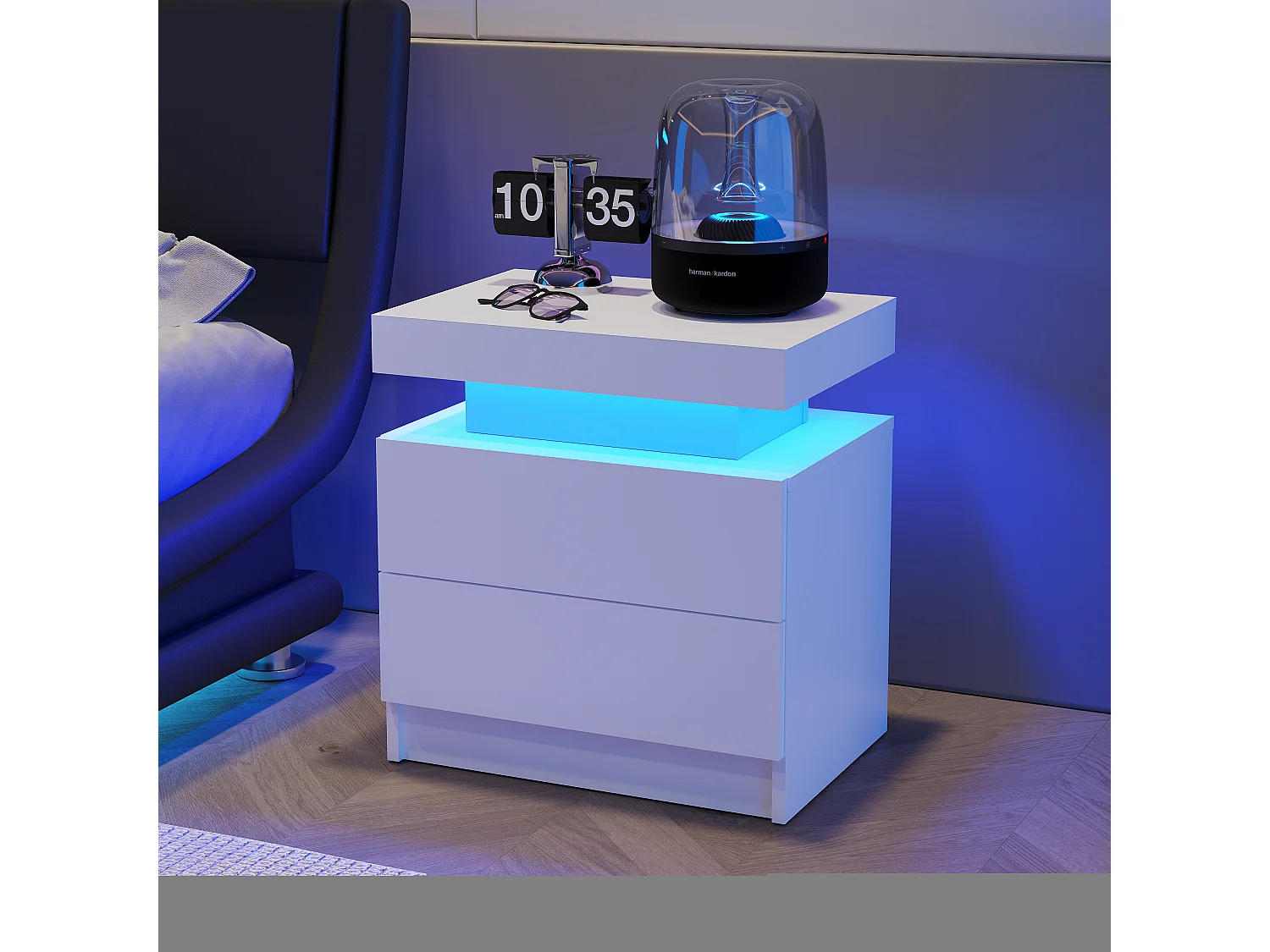 Mesita de noche con LED, 2 cajones, aglomerado, blanco (50x53x36 cm)