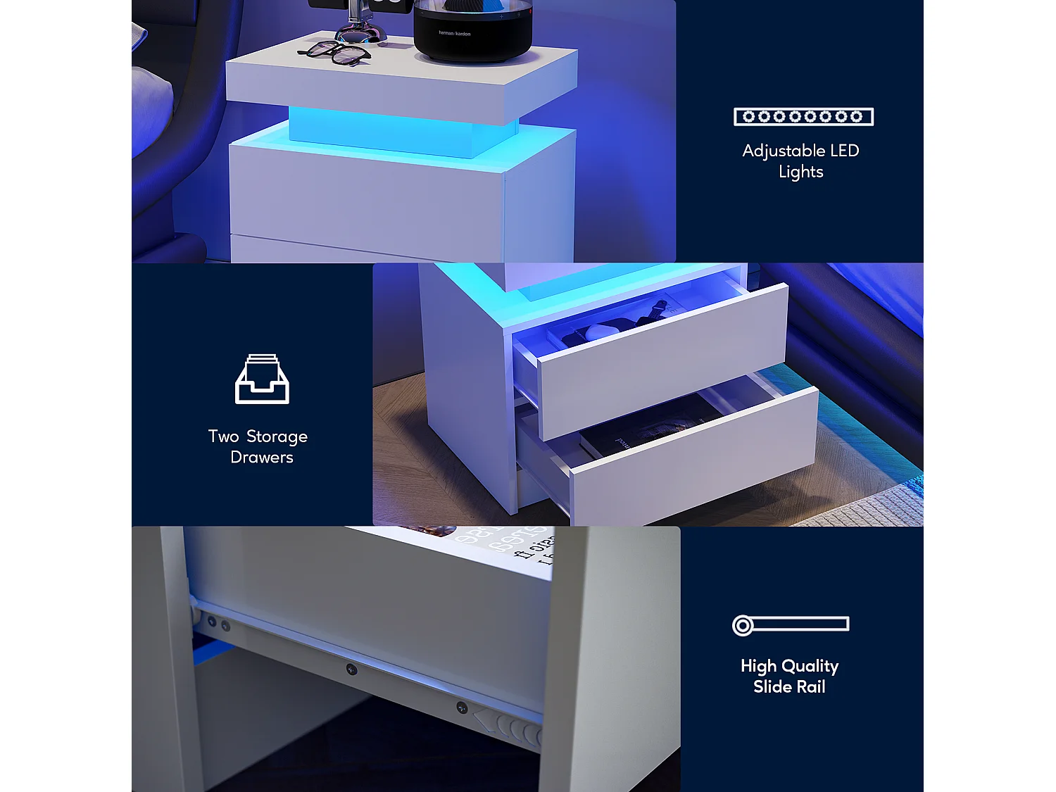 Mesita de noche con LED, 2 cajones, aglomerado, blanco (50x53x36 cm)