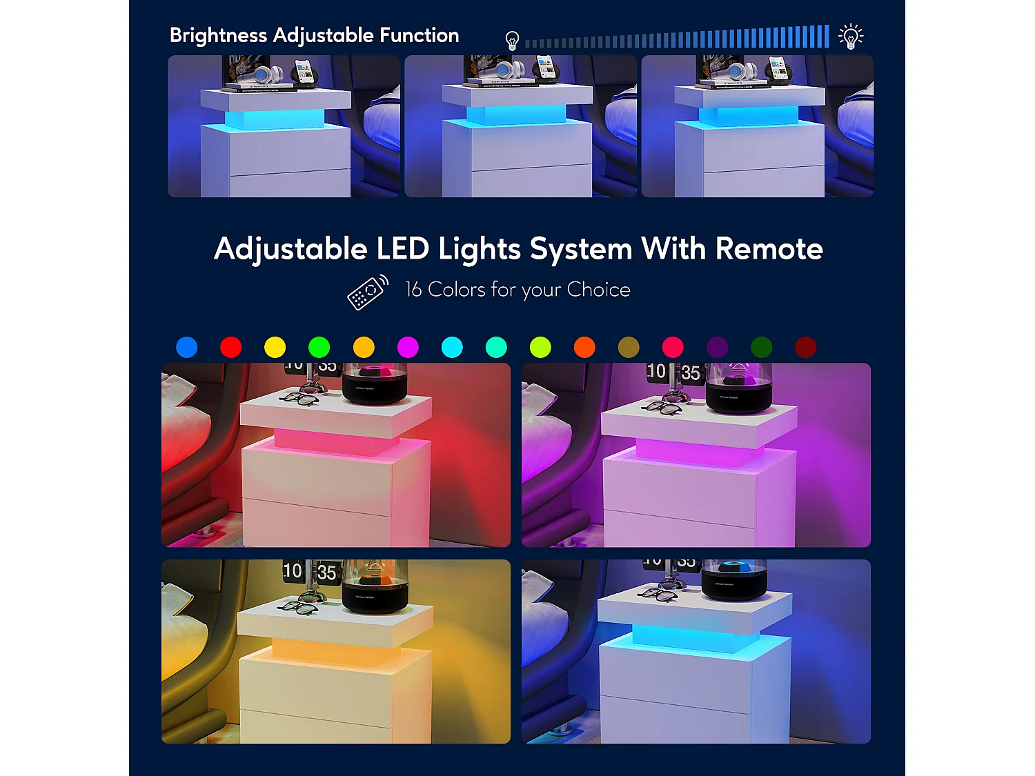 Mesita de noche con LED, 2 cajones, aglomerado, blanco (50x53x36 cm)