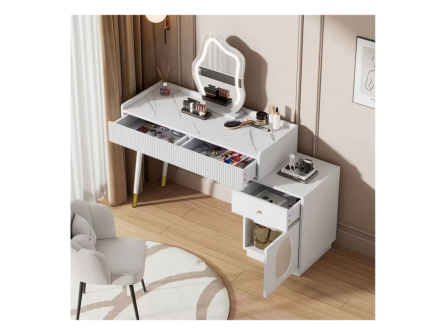 LED-kaptafel met spiegel, elegant design, spaanplaat, wit, 3 lades en een deur (100x40x75cm)