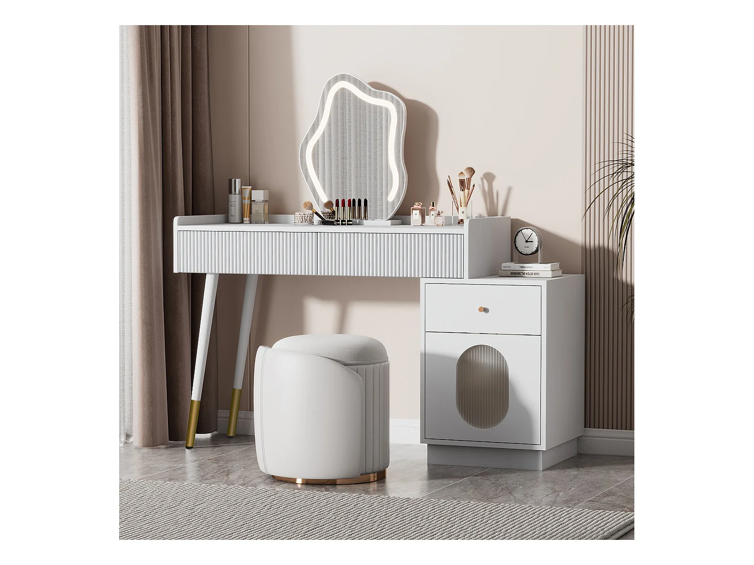 LED-kaptafel met spiegel, elegant design, spaanplaat, wit, 3 lades en een deur (100x40x75cm)