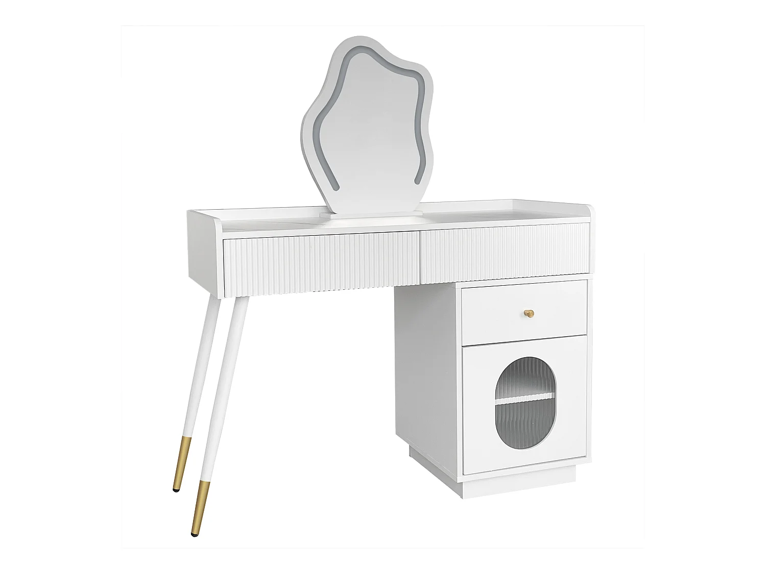 LED-kaptafel met spiegel, elegant design, spaanplaat, wit, 3 lades en een deur (100x40x75cm)