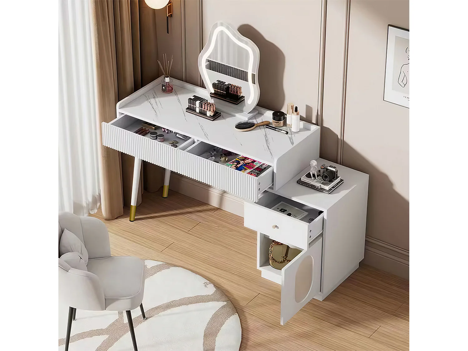 Coiffeuse LED avec miroir, design élégant, panneau de particules, blanc, 3 tiroirs et une porte (100x40x75cm)