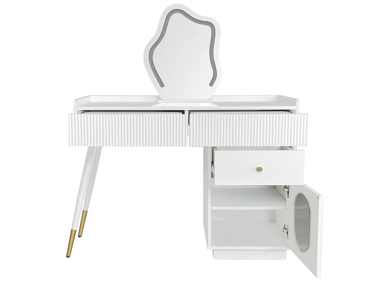 Coiffeuse LED avec miroir, design élégant, panneau de particules, blanc, 3 tiroirs et une porte (100x40x75cm)