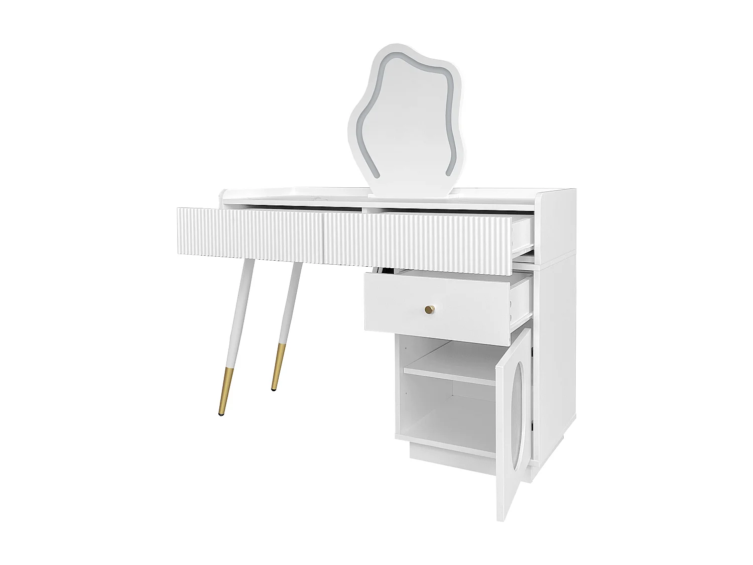 Coiffeuse LED avec miroir, design élégant, panneau de particules, blanc, 3 tiroirs et une porte (100x40x75cm)