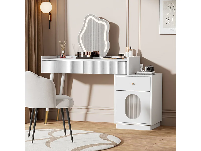 Coiffeuse LED avec miroir, design élégant, panneau de particules, blanc, 3 tiroirs et une porte (100x40x75cm)