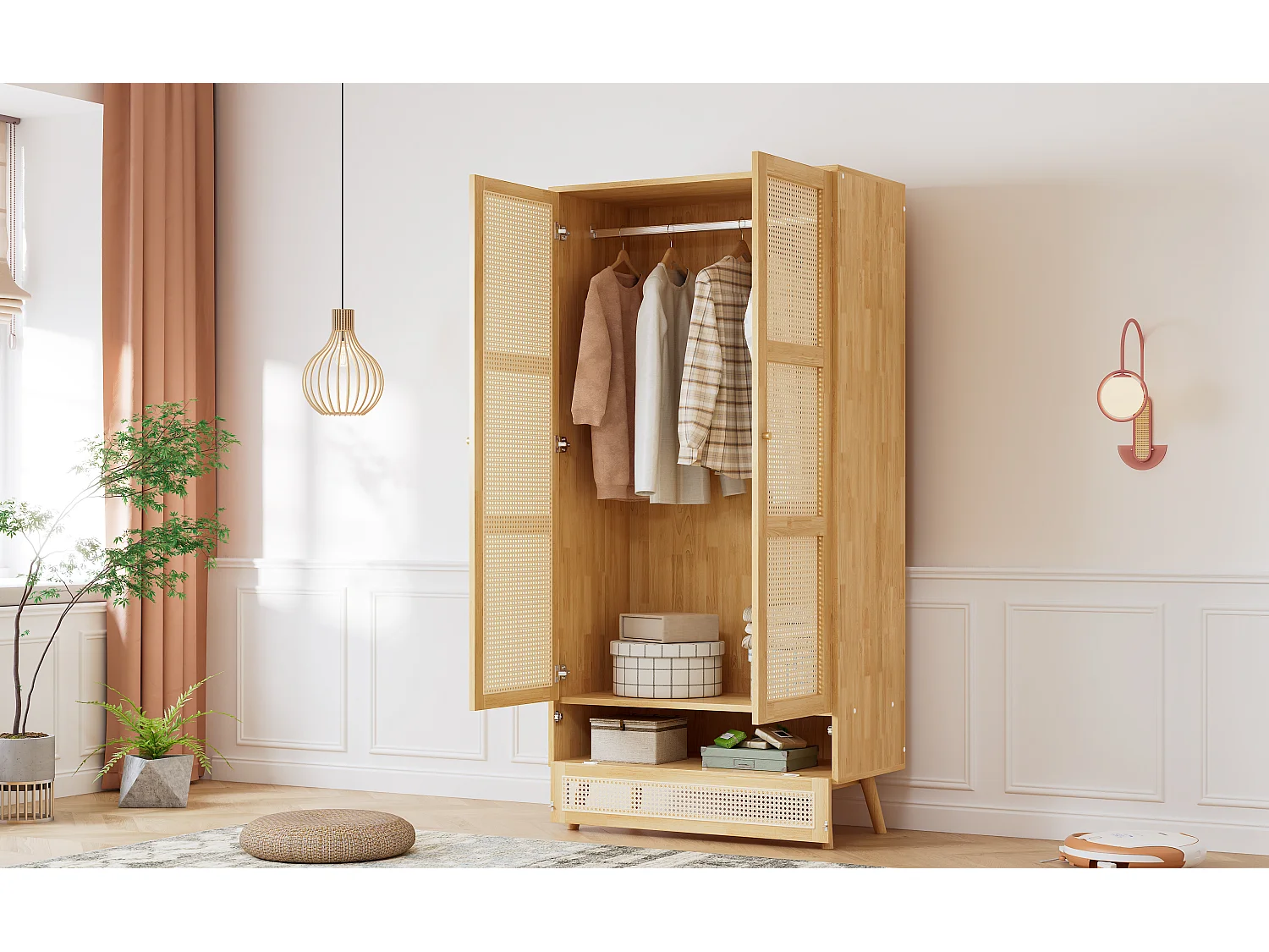 Armoire 2 portes avec barre à vêtements, design élégant avec rattan PE et couvercle rabattable, panneaux de particules + rattan PE,(90x45x183cm)