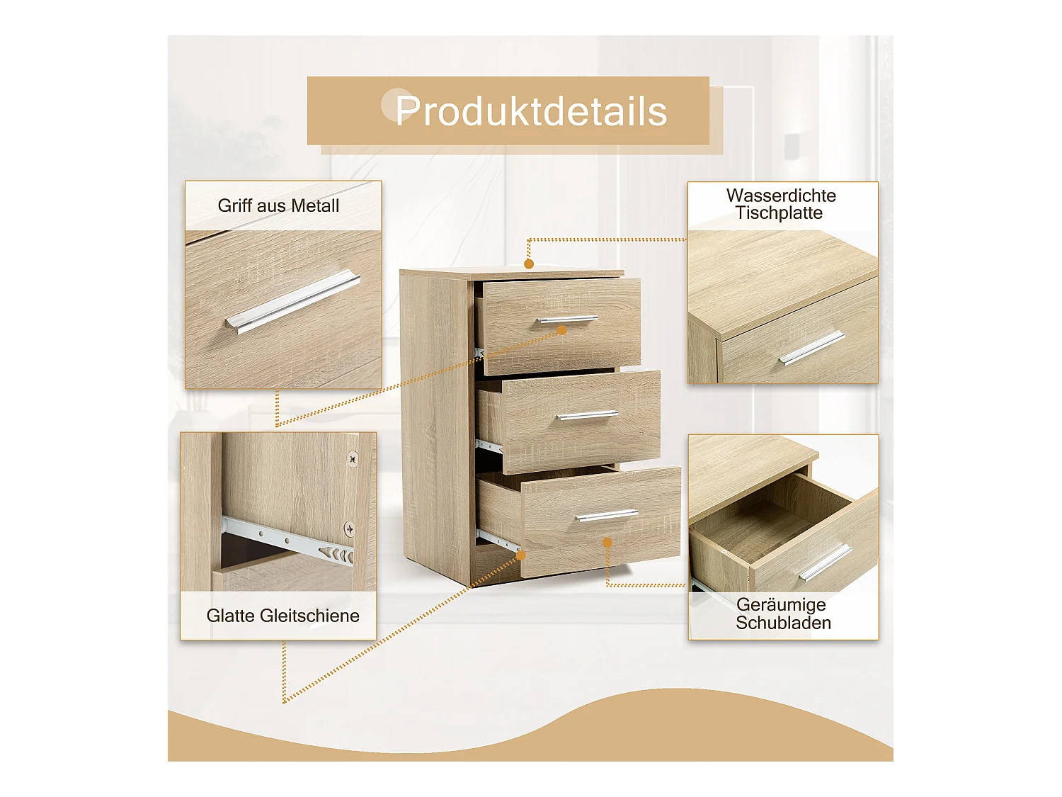 Table de chevet avec 3 tiroirs, design moderne, panneau de particules, couleur naturelle (37.6x35.2x65.5cm)