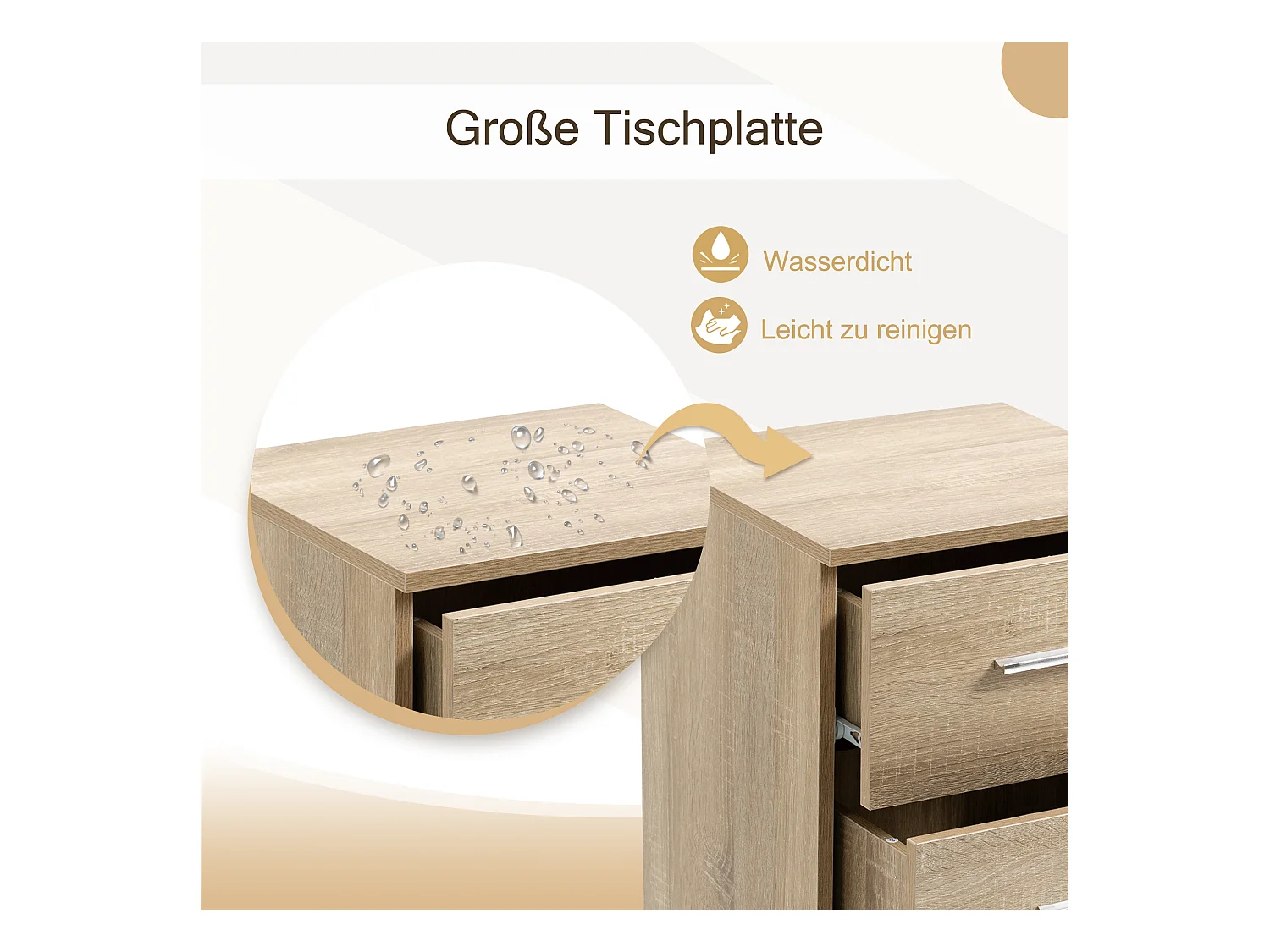 Table de chevet avec 3 tiroirs, design moderne, panneau de particules, couleur naturelle (37.6x35.2x65.5cm)