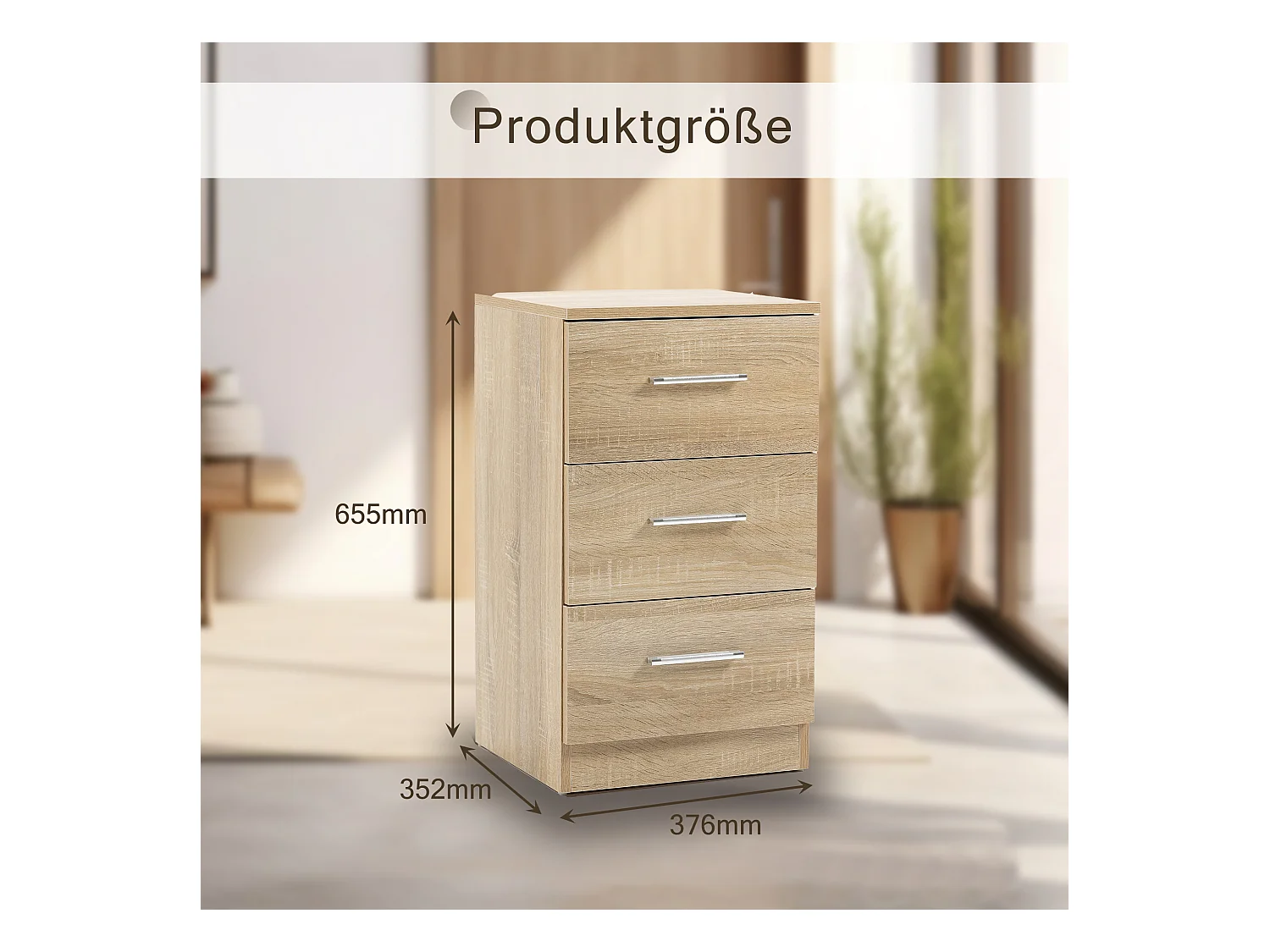 Table de chevet avec 3 tiroirs, design moderne, panneau de particules, couleur naturelle (37.6x35.2x65.5cm)