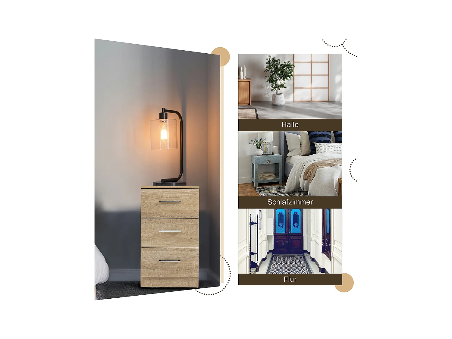 Table de chevet avec 3 tiroirs, design moderne, panneau de particules, couleur naturelle (37.6x35.2x65.5cm)