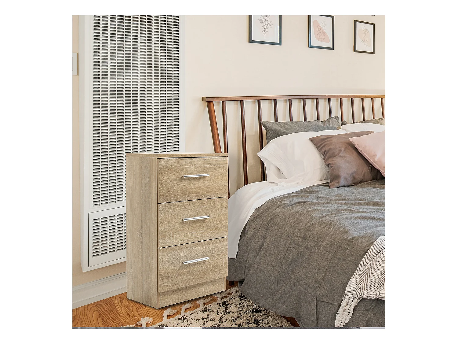 Table de chevet avec 3 tiroirs, design moderne, panneau de particules, couleur naturelle (37.6x35.2x65.5cm)