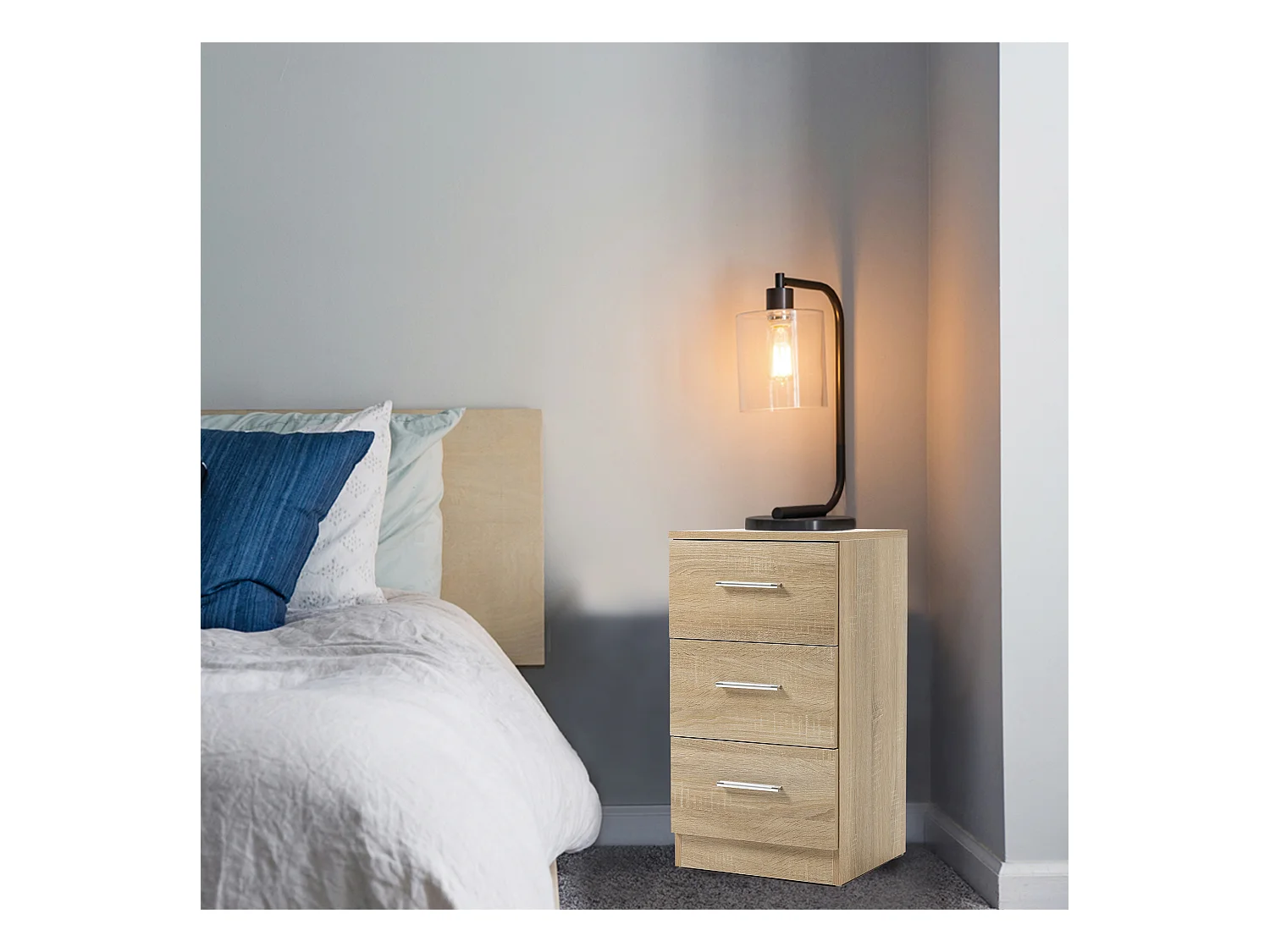 Table de chevet avec 3 tiroirs, design moderne, panneau de particules, couleur naturelle (37.6x35.2x65.5cm)