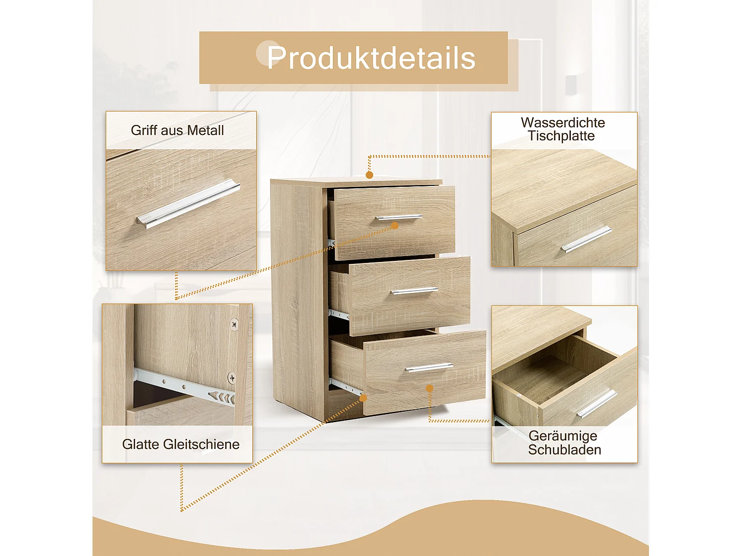 Table de chevet avec 3 tiroirs, design moderne, panneau de particules, couleur naturelle (37.6x35.2x65.5cm)