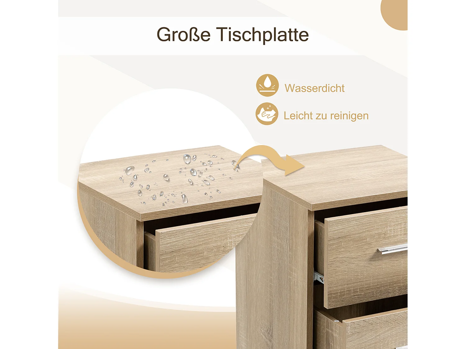 Table de chevet avec 3 tiroirs, design moderne, panneau de particules, couleur naturelle (37.6x35.2x65.5cm)