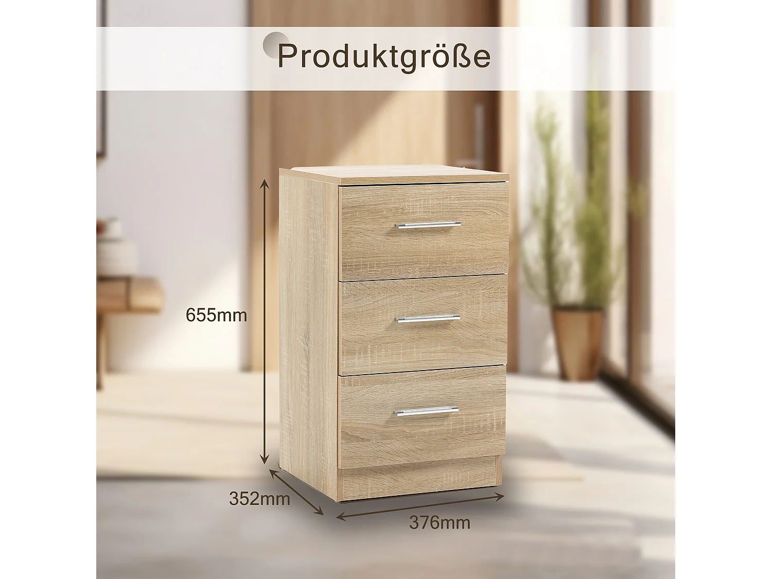 Table de chevet avec 3 tiroirs, design moderne, panneau de particules, couleur naturelle (37.6x35.2x65.5cm)