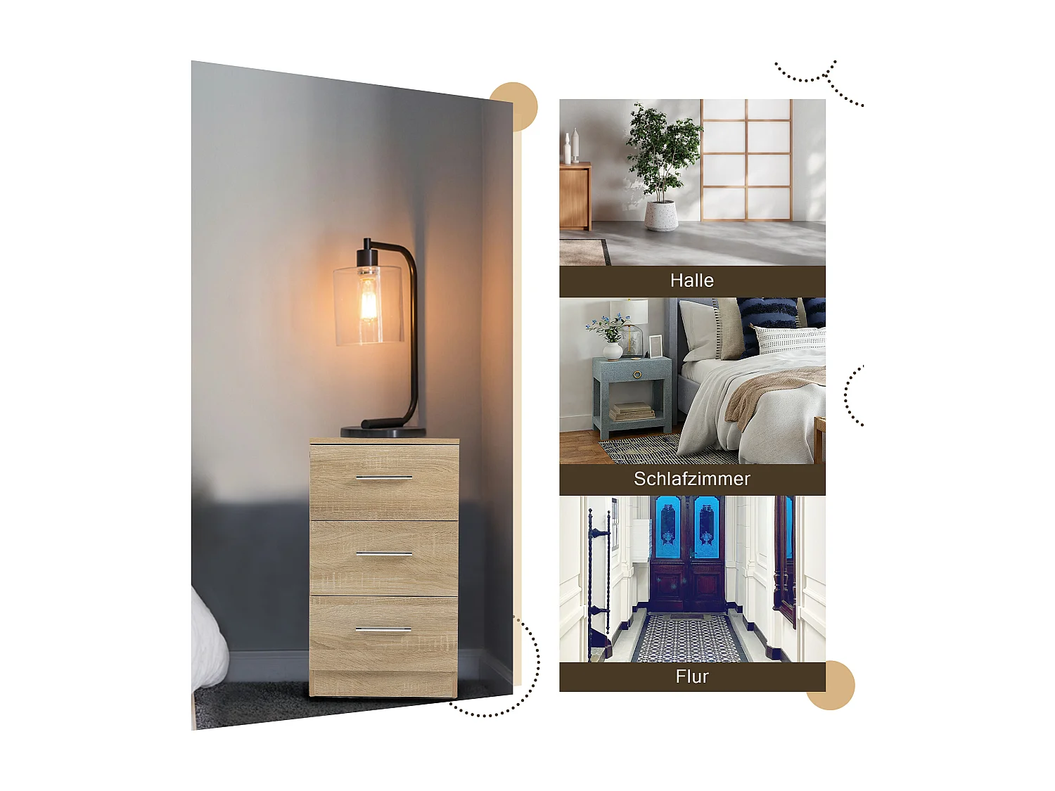 Table de chevet avec 3 tiroirs, design moderne, panneau de particules, couleur naturelle (37.6x35.2x65.5cm)