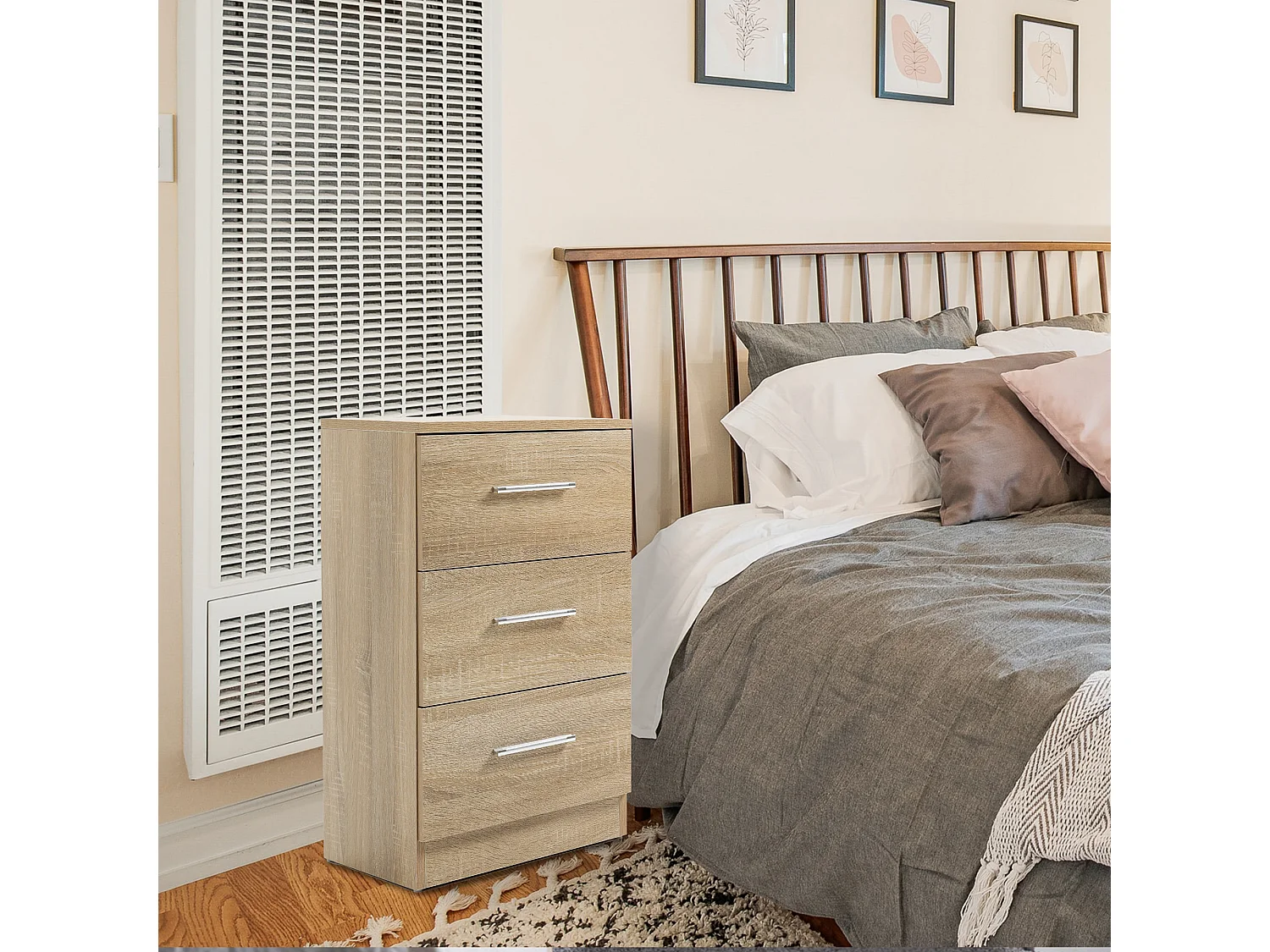 Table de chevet avec 3 tiroirs, design moderne, panneau de particules, couleur naturelle (37.6x35.2x65.5cm)