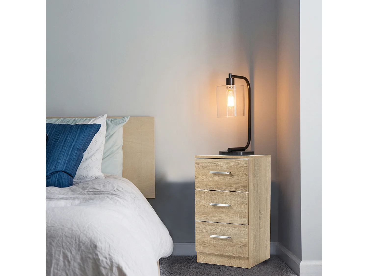 Table de chevet avec 3 tiroirs, design moderne, panneau de particules, couleur naturelle (37.6x35.2x65.5cm)