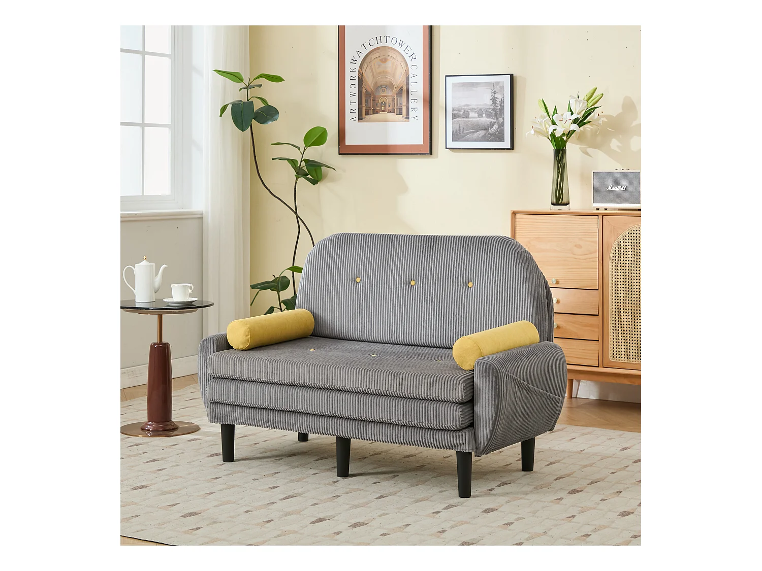 Canapé convertible gris en velours côtelé, 2 places avec rangement, daybed et relax (133.5x77x85cm)
