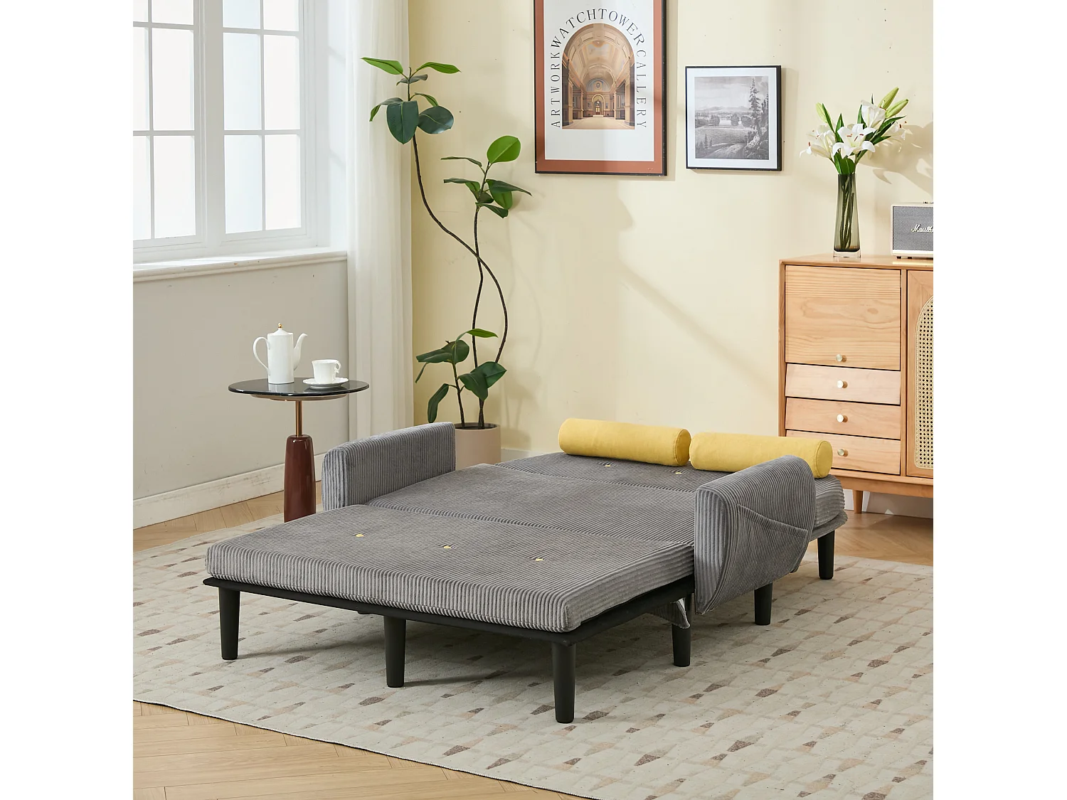 Divano letto in velluto a coste grigio, 2 posti con contenitore, divano letto e relax (133,5x77x85cm)