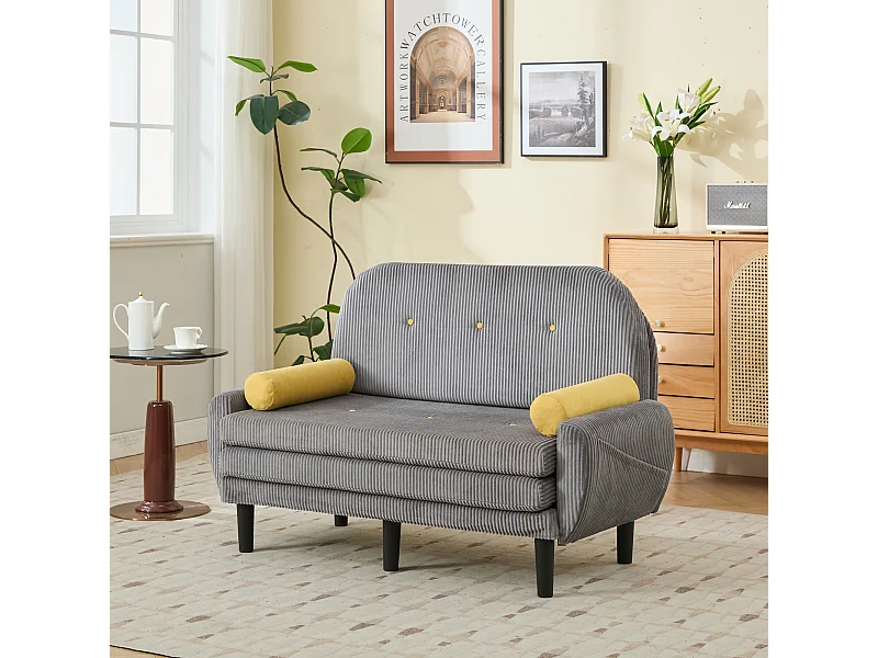 Divano letto in velluto a coste grigio, 2 posti con contenitore, divano letto e relax (133,5x77x85cm)