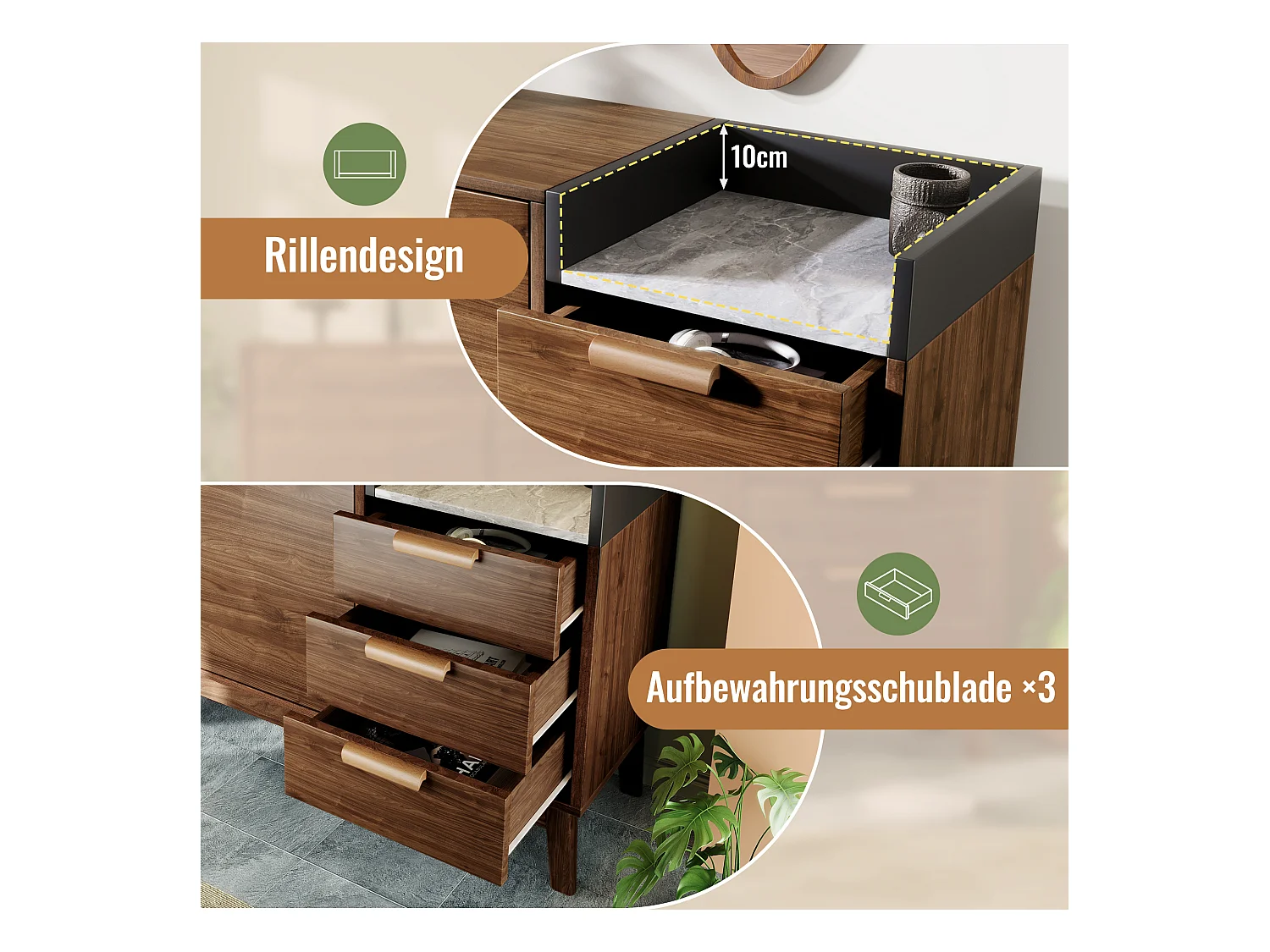 Cassettiera da soggiorno in rovere con piano in marmo, 3 cassetti + armadio a due ante, gambe in legno massello (120x40x77cm)