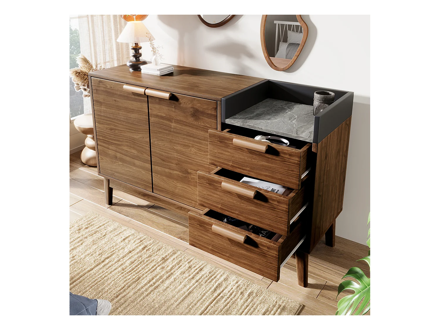 Commode salon en chêne avec plateau marbre, 3 tiroirs + armoire à double porte, pieds en bois massif (120x40x77cm)