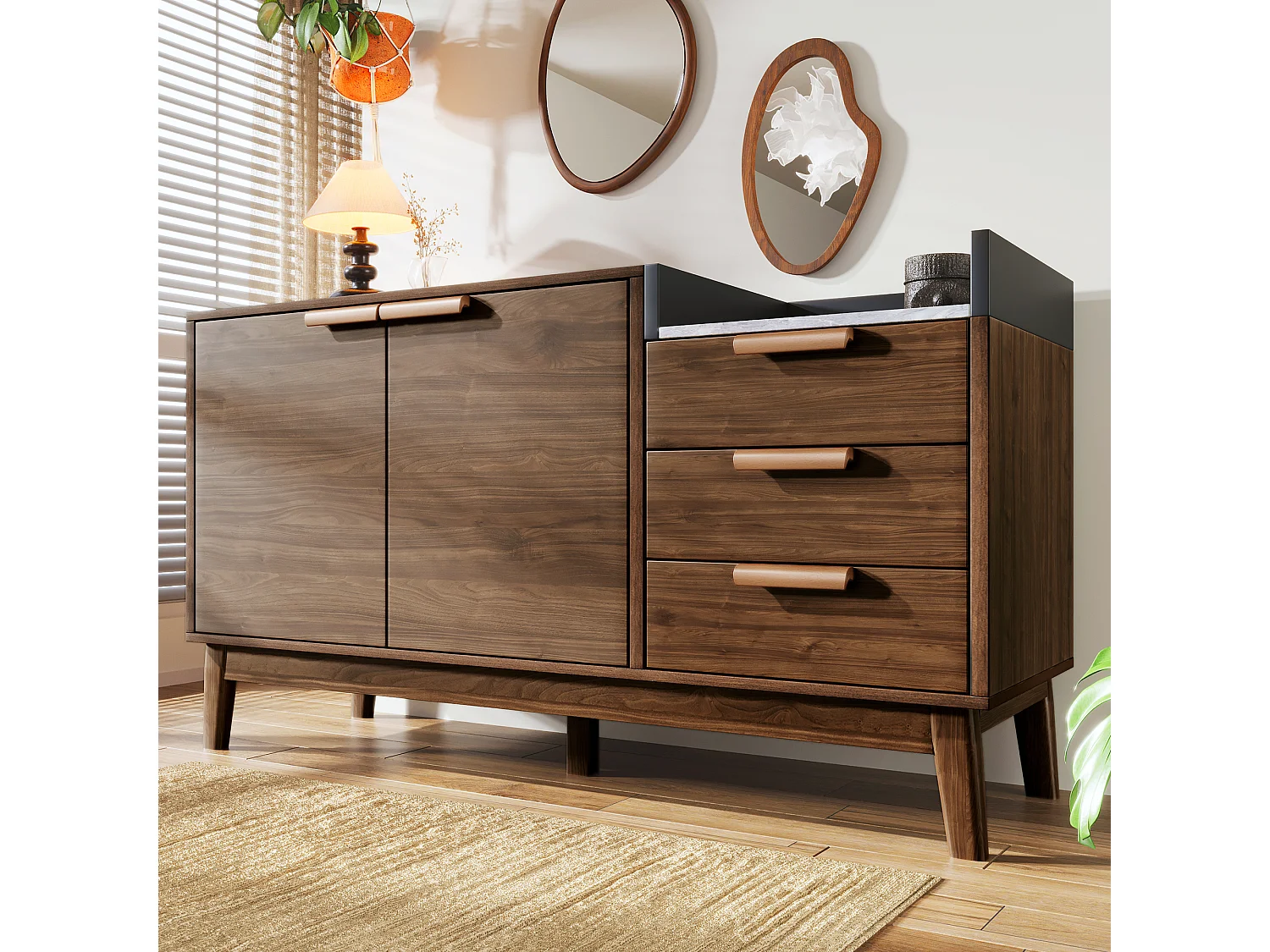 Commode salon en chêne avec plateau marbre, 3 tiroirs + armoire à double porte, pieds en bois massif (120x40x77cm)