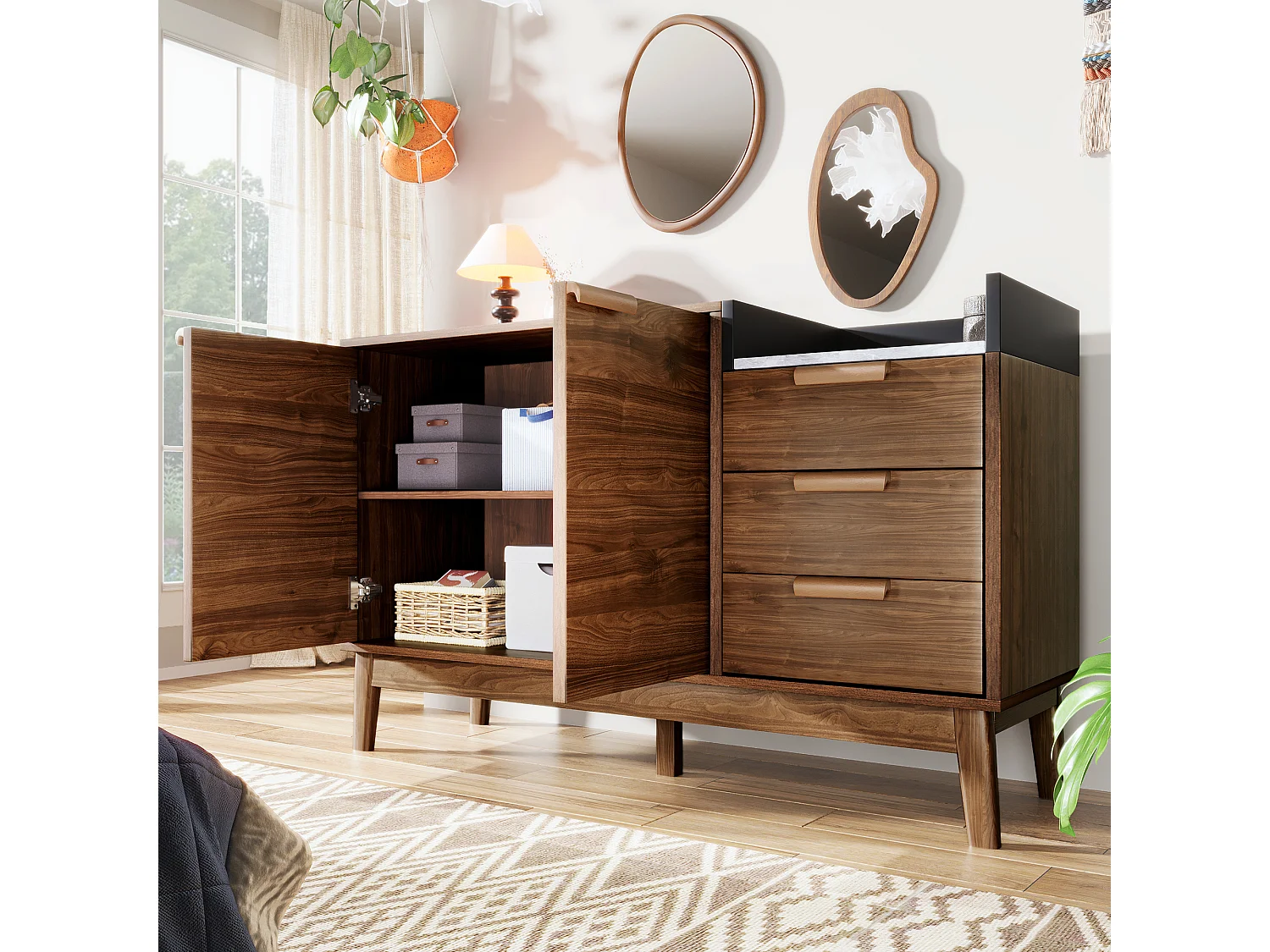 Commode salon en chêne avec plateau marbre, 3 tiroirs + armoire à double porte, pieds en bois massif (120x40x77cm)